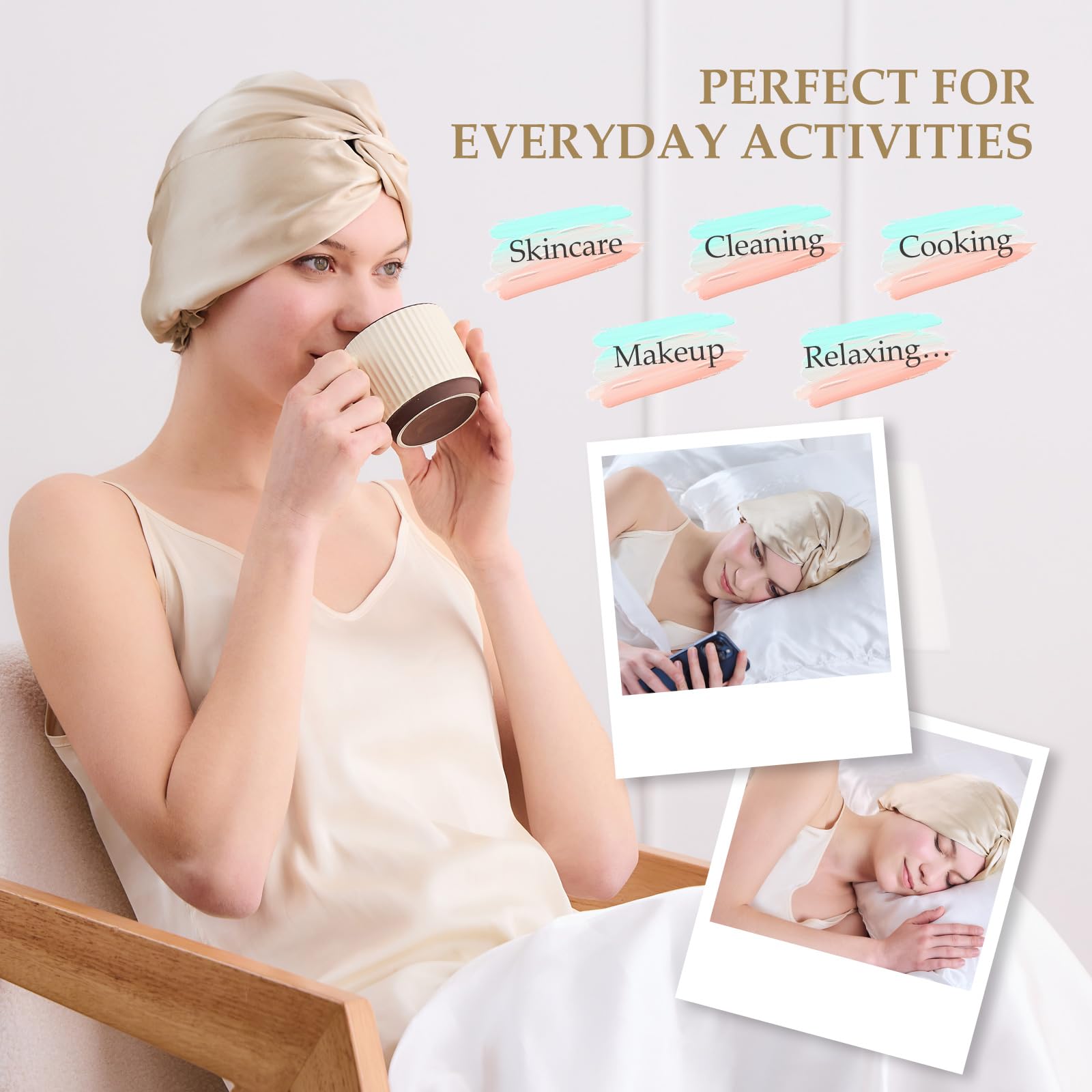 SGMSILK Silk Bonnet for Sleeping Women – 100% Mulberry Silk Sleep Cap with Elastic Band | Champagne