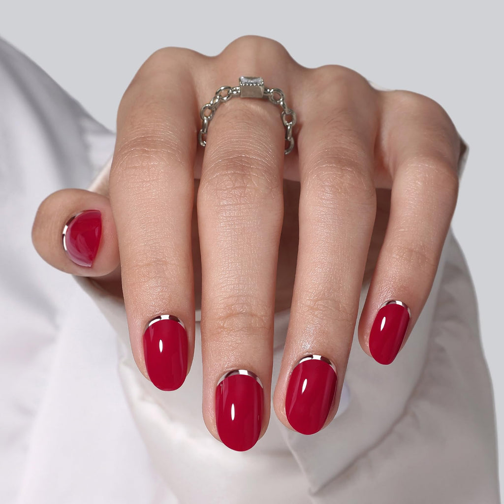 ShangMeng Red Press On Nails Oval | Soft Gel 3D Silver Foil | 32 Reusable Nails Kit