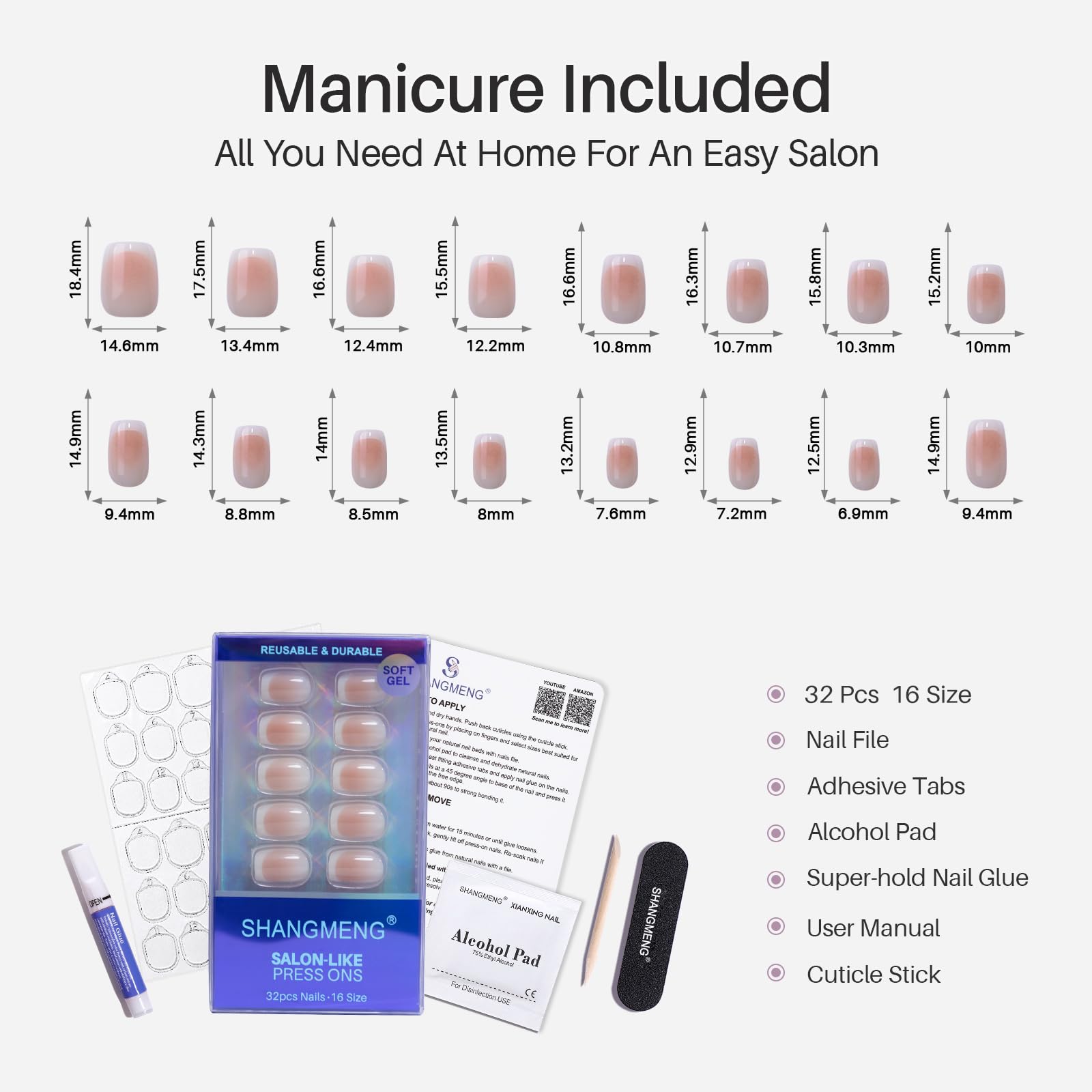 SHANGMENG Ombre French Tip Press-On Nails – Soft Gel, No Fade Out, Seamless Fit, 32 Nails Kit