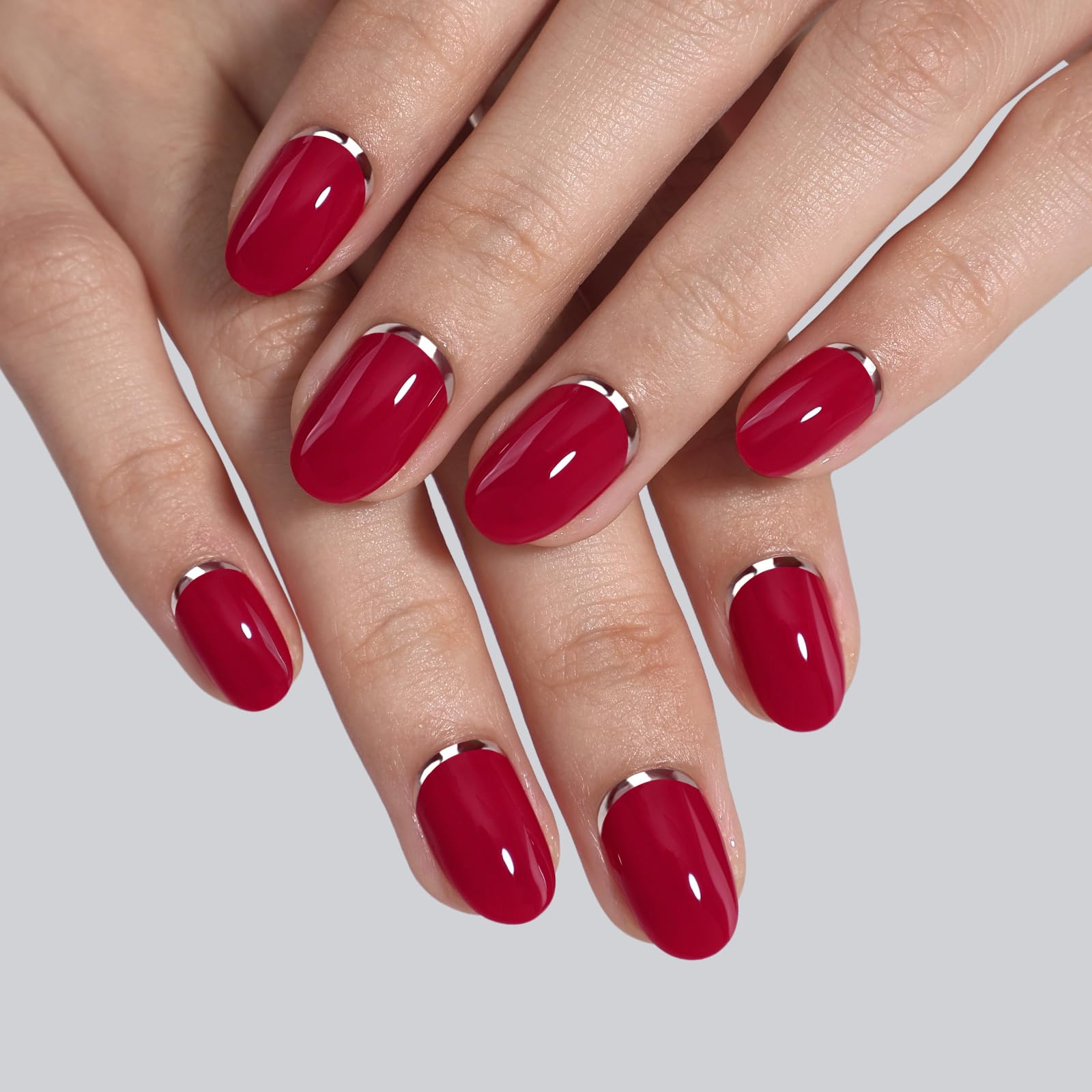 ShangMeng Red Press On Nails Oval | Soft Gel 3D Silver Foil | 32 Reusable Nails Kit
