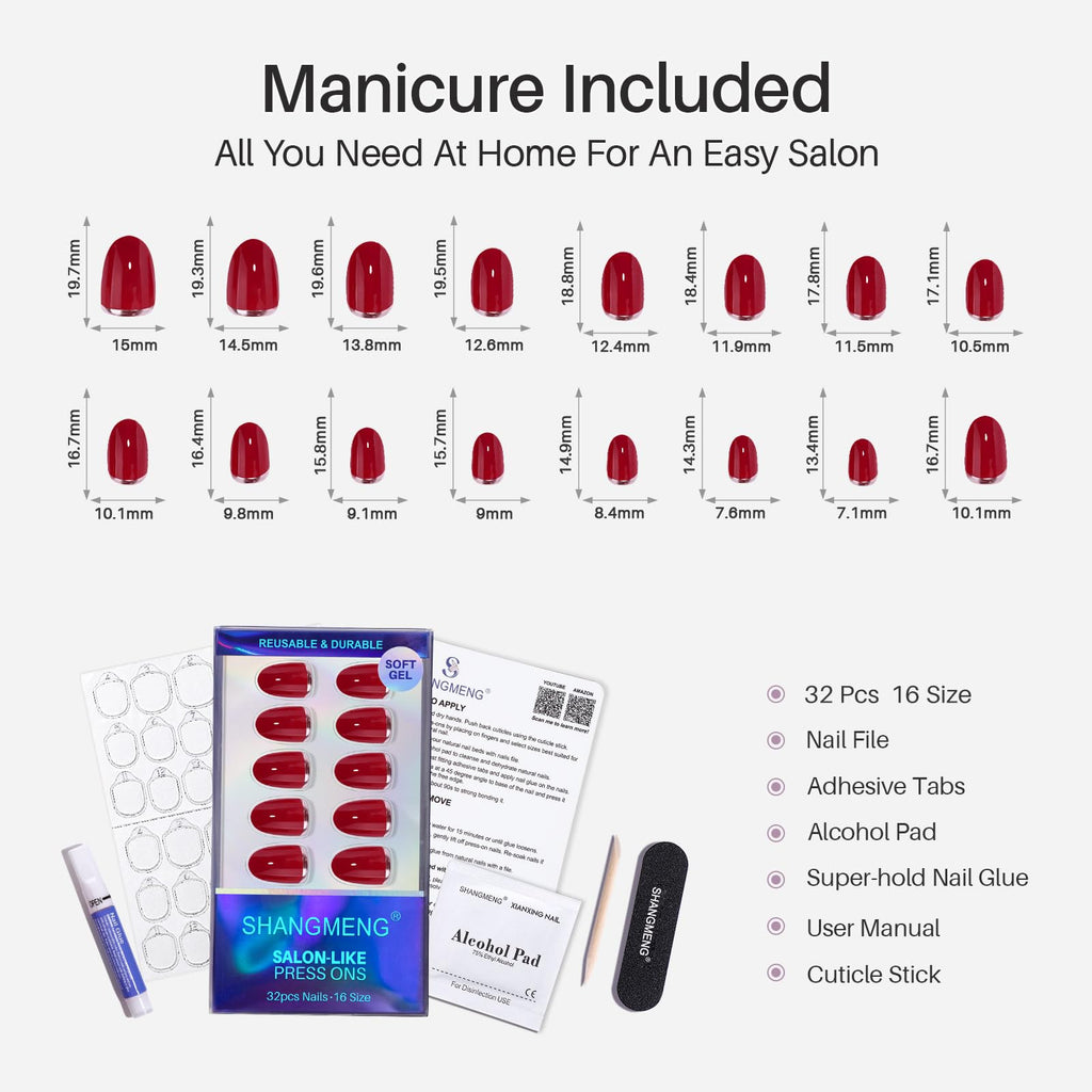 ShangMeng Red Press On Nails Oval | Soft Gel 3D Silver Foil | 32 Reusable Nails Kit