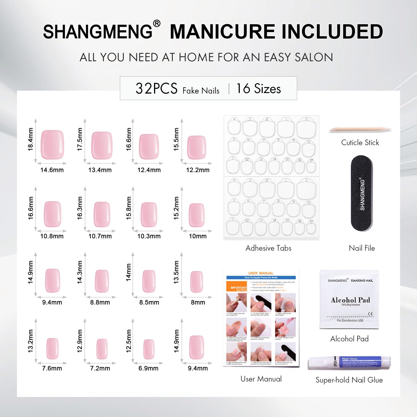ShangMeng Pink Chrome Press-On Nails – Square Soft Gel, 32 Reusable Nails, 16 Sizes, Aurora Light Pink