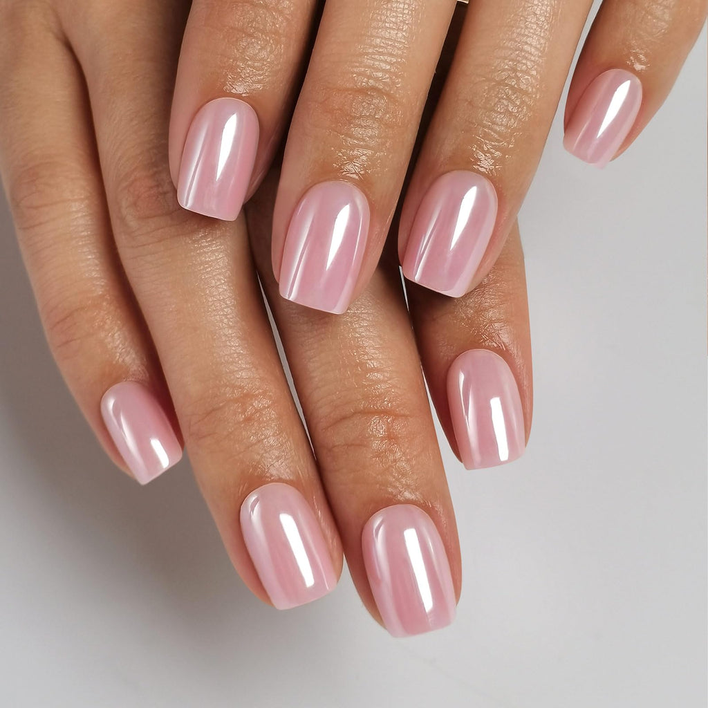 ShangMeng Pink Chrome Press-On Nails – Square Soft Gel, 32 Reusable Nails, 16 Sizes, Aurora Light Pink