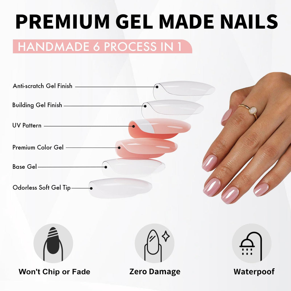 ShangMeng Pink Chrome Press-On Nails – Square Soft Gel, 32 Reusable Nails, 16 Sizes, Aurora Light Pink
