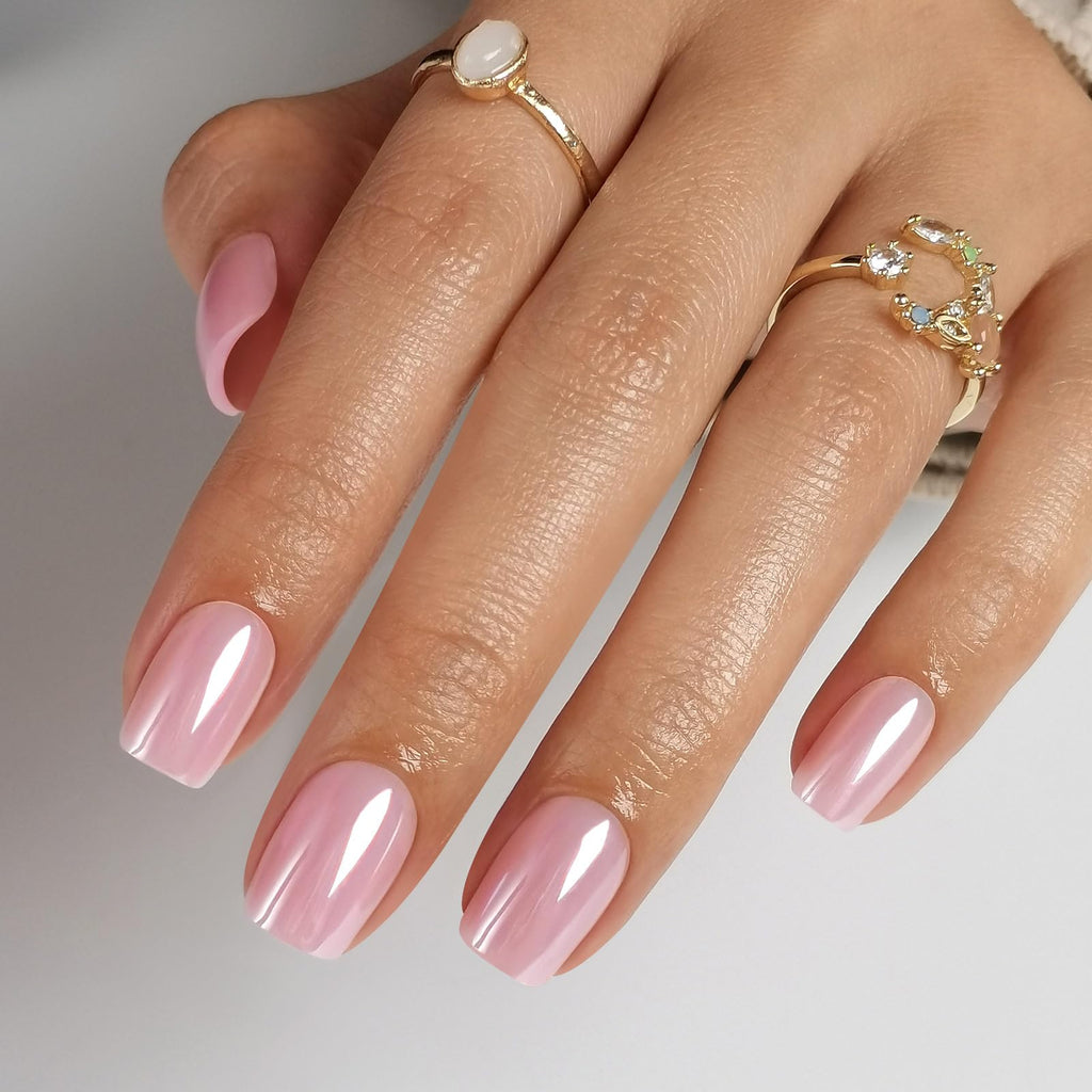 ShangMeng Pink Chrome Press-On Nails – Square Soft Gel, 32 Reusable Nails, 16 Sizes, Aurora Light Pink