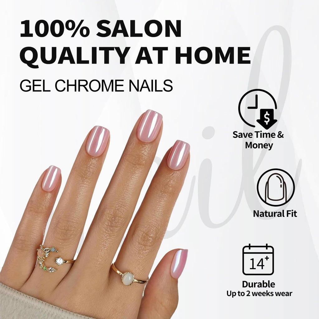 ShangMeng Pink Chrome Press-On Nails – Square Soft Gel, 32 Reusable Nails, 16 Sizes, Aurora Light Pink