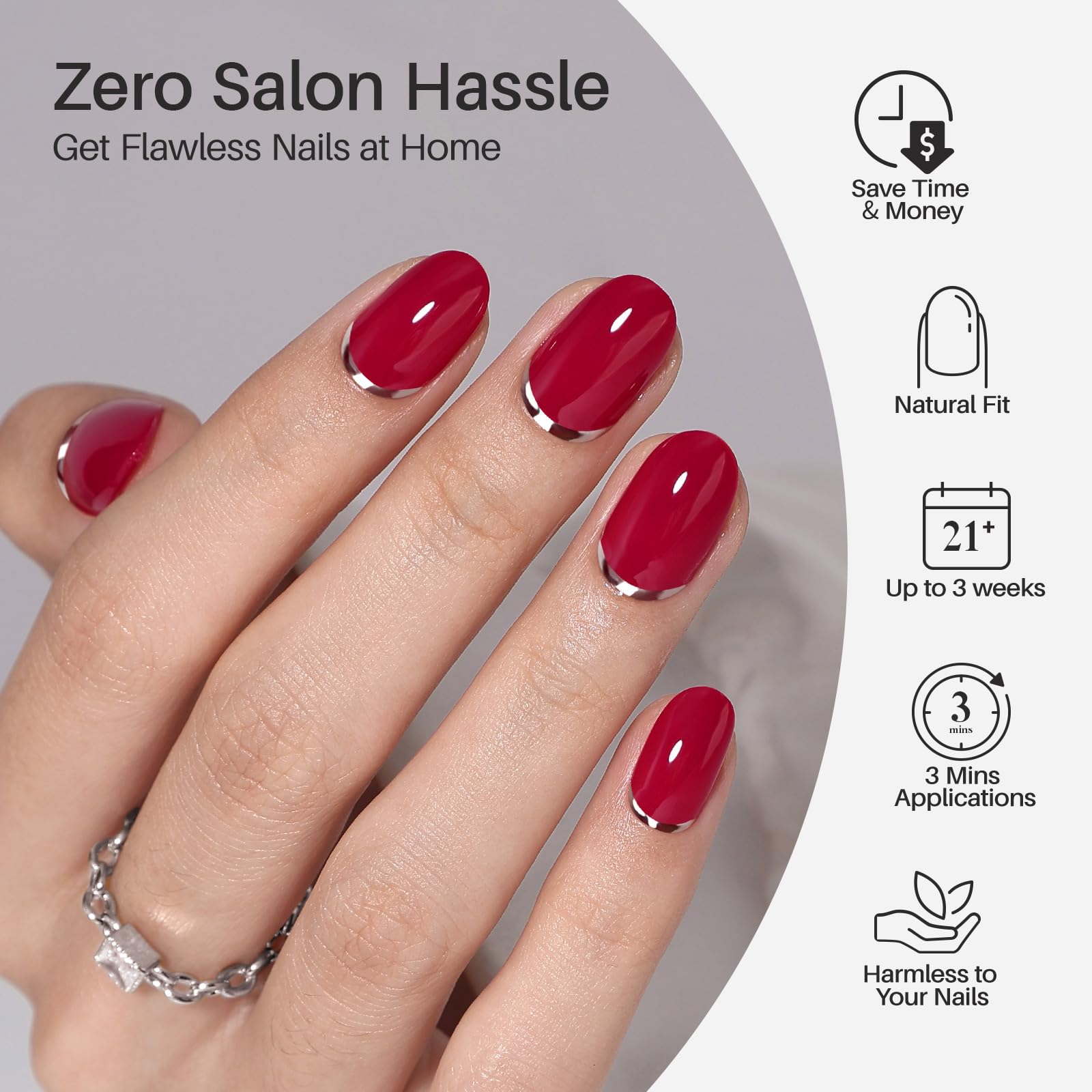 ShangMeng Red Press On Nails Oval | Soft Gel 3D Silver Foil | 32 Reusable Nails Kit