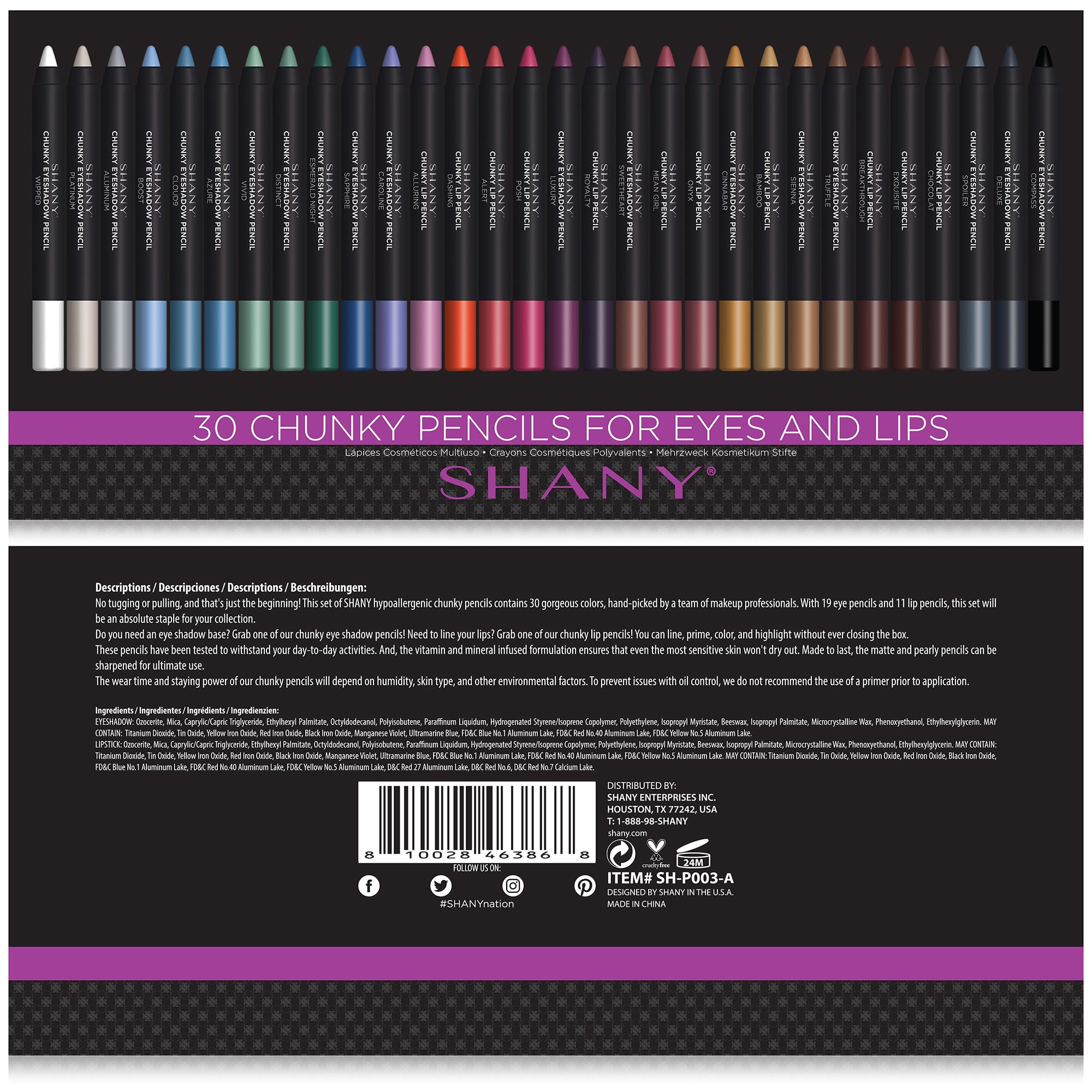 SHANY Chunky Eyeshadow Pencils – 30-Color Multi-Use Set with Aloe Vera & Vitamin E