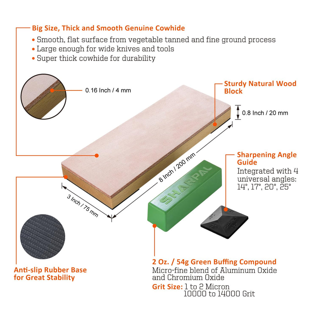 SHARPAL 204N Leather Strop Kit – 8in x 3in Wood Base, 2 oz Green Compound, Angle Guide