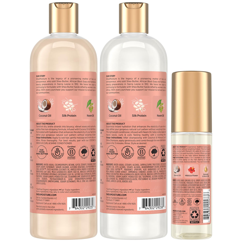 SheaMoisture Coconut & Hibiscus Curl & Shine Set – Shampoo, Conditioner & Smooth & Shine Oil