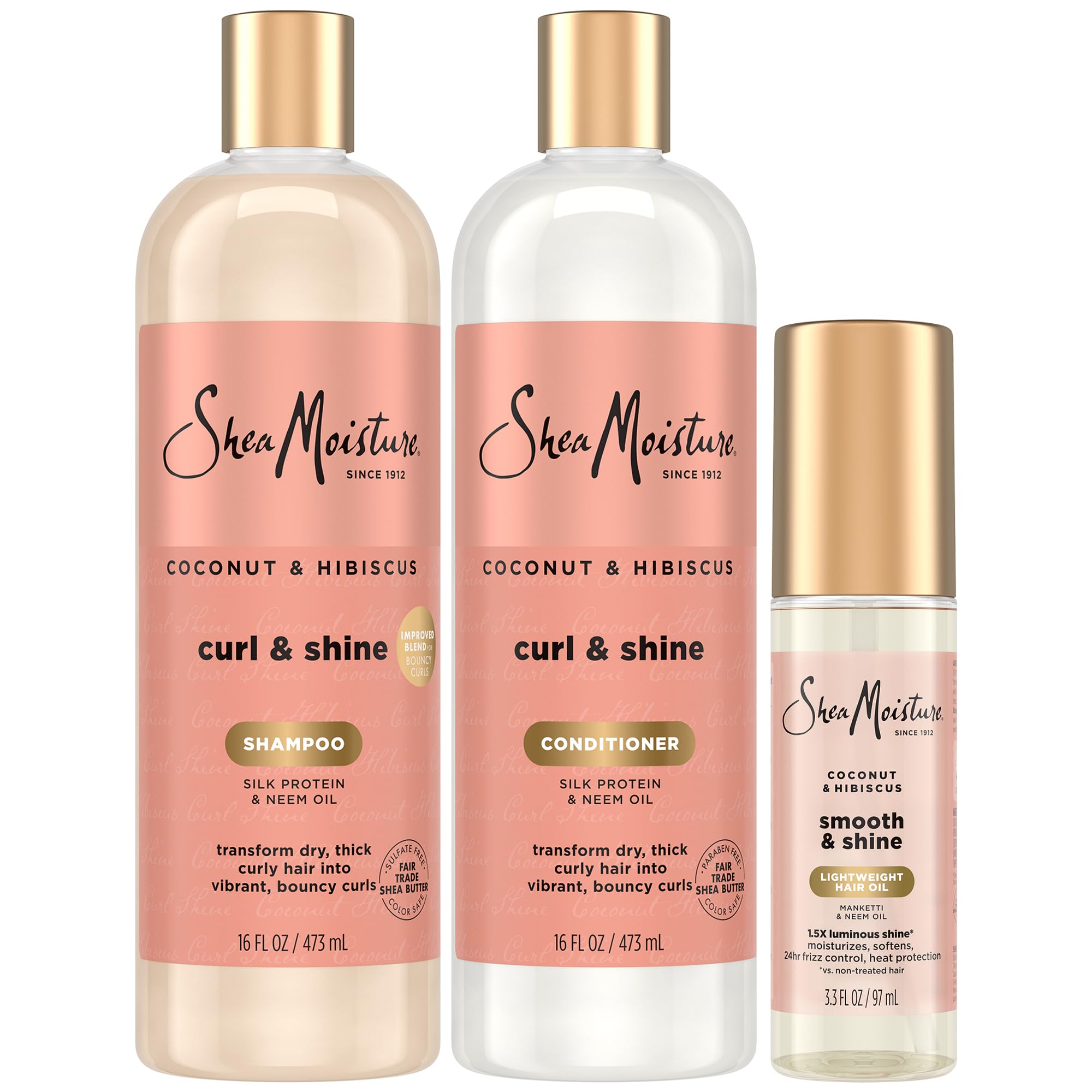 SheaMoisture Coconut & Hibiscus Curl & Shine Set – Shampoo, Conditioner & Smooth & Shine Oil