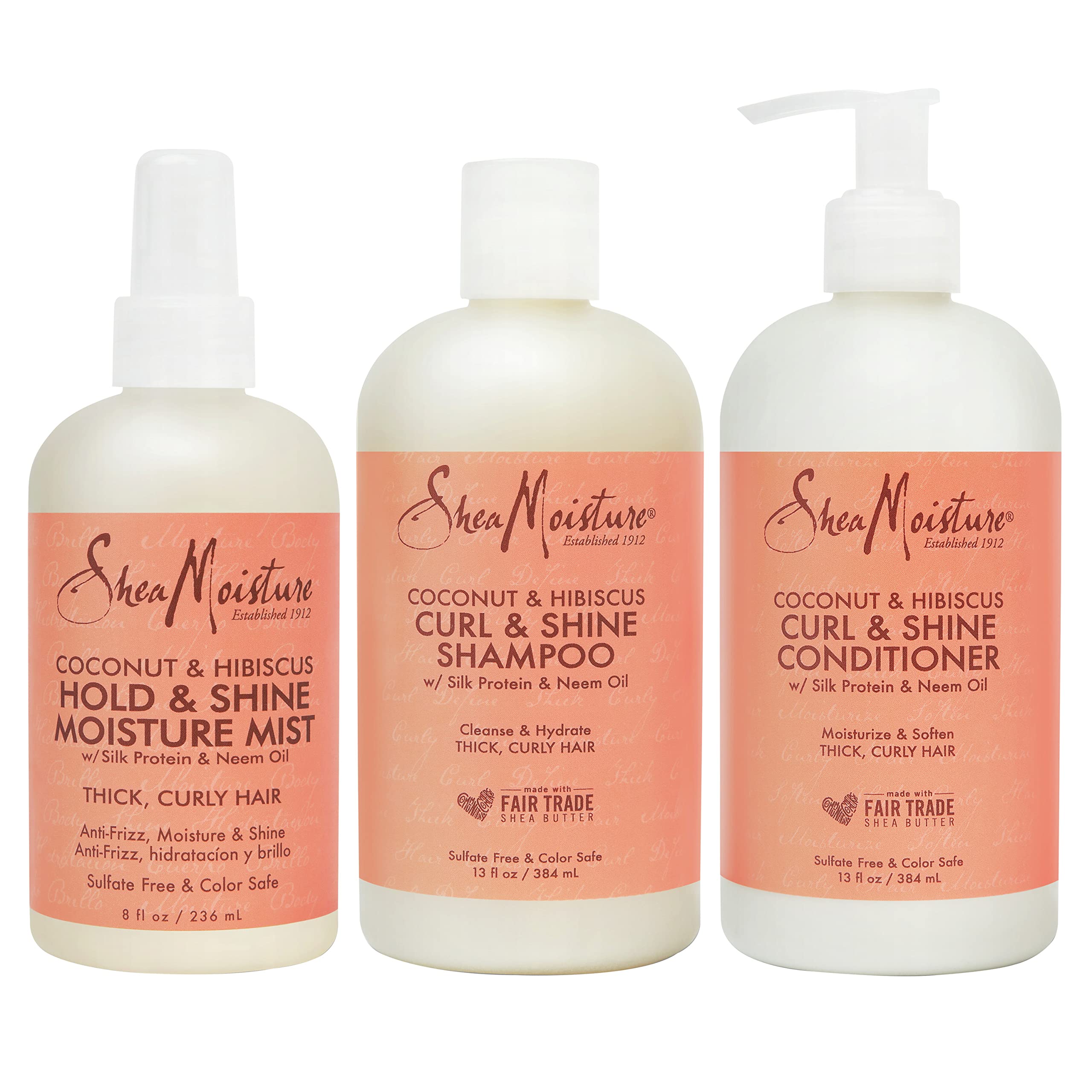SheaMoisture Coconut Hibiscus Curl Shampoo, Conditioner & Hold & Shine Mist – Lightweight, Silicone-Free