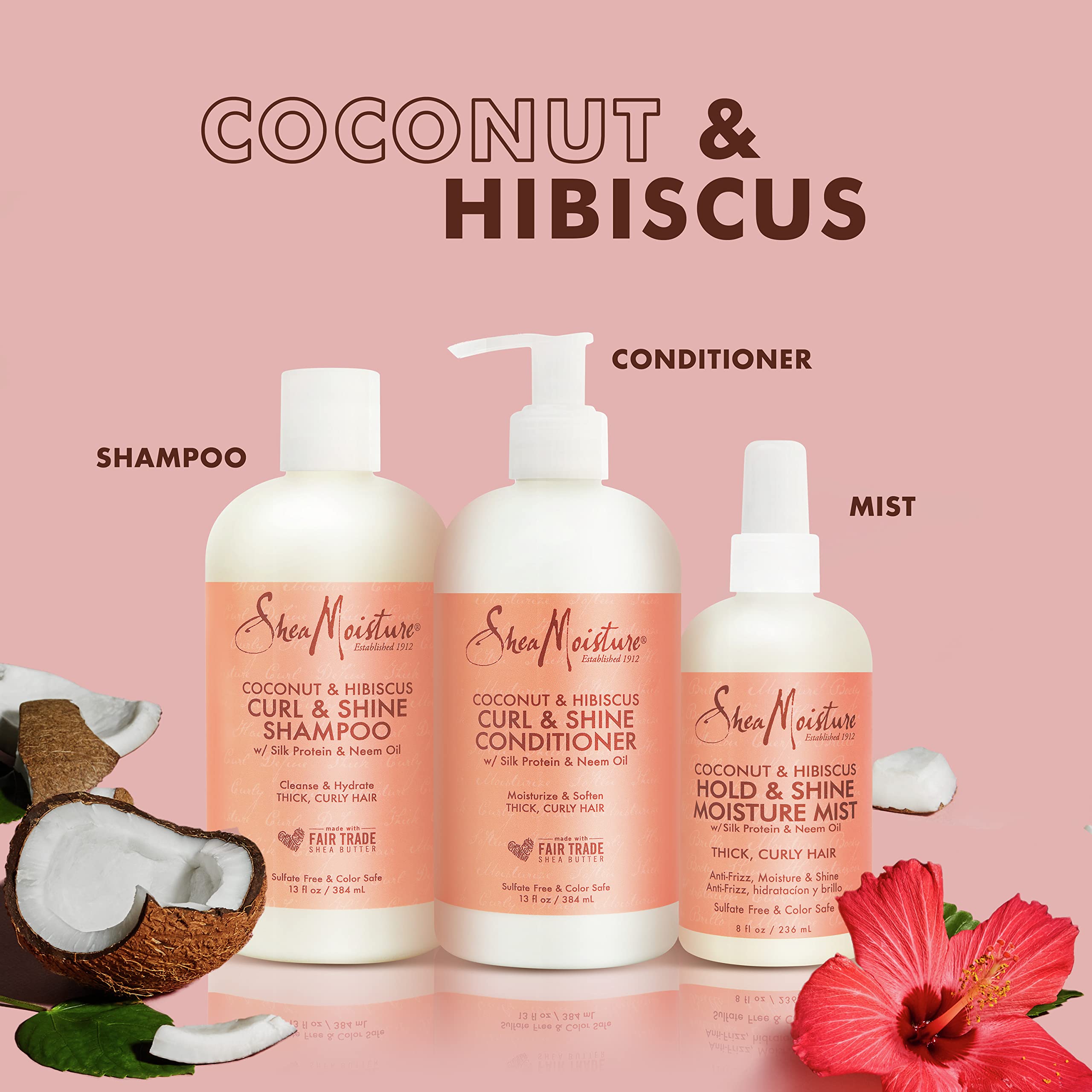 SheaMoisture Coconut Hibiscus Curl Shampoo, Conditioner & Hold & Shine Mist – Lightweight, Silicone-Free