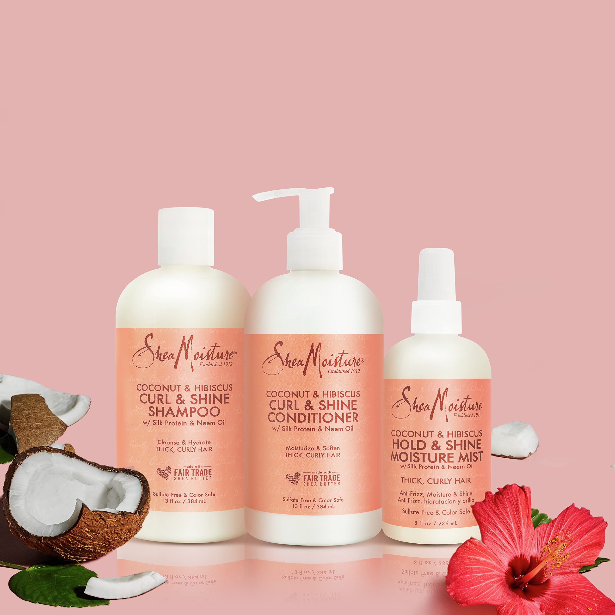 SheaMoisture Coconut Hibiscus Curl Shampoo, Conditioner & Hold & Shine Mist – Lightweight, Silicone-Free