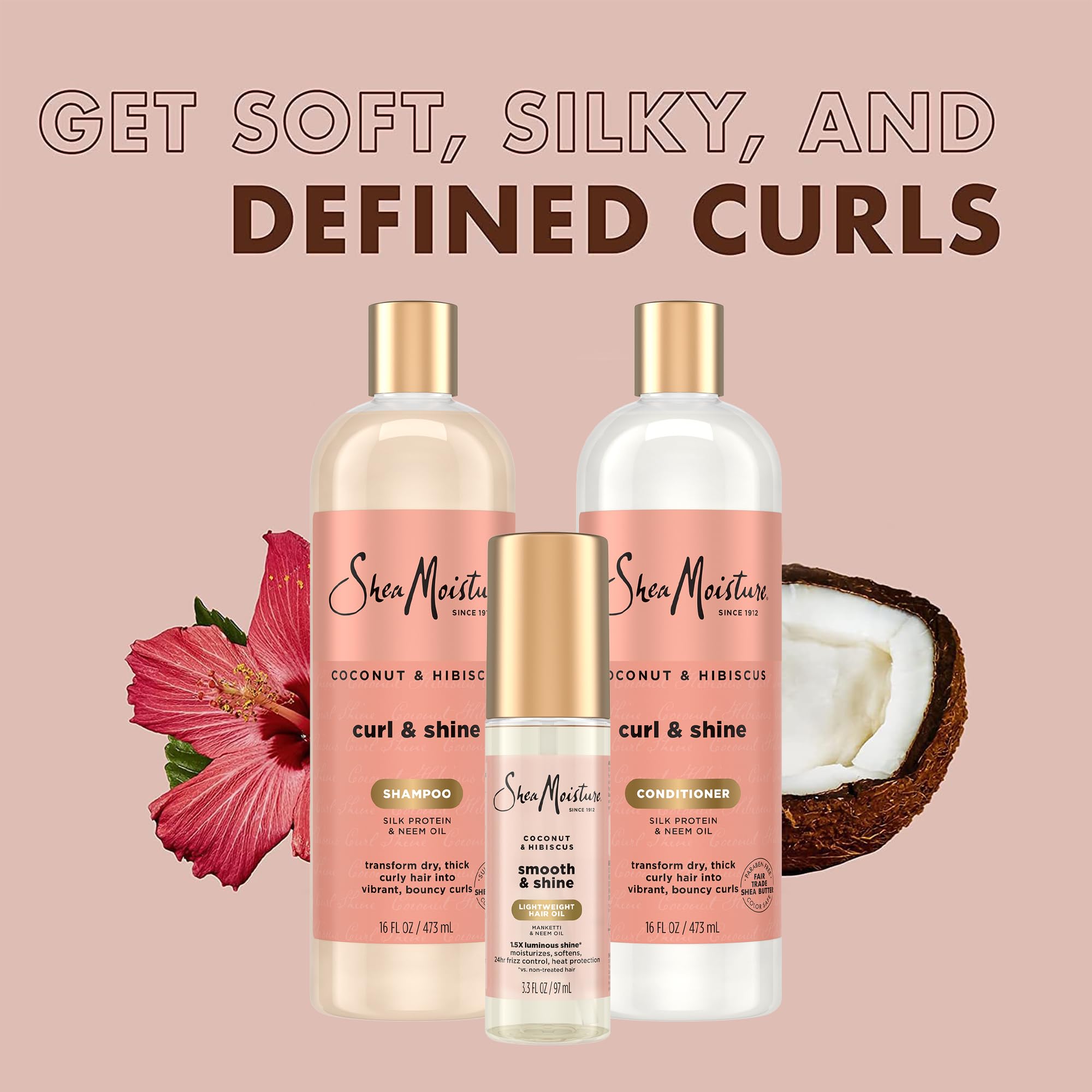 SheaMoisture Coconut & Hibiscus Curl & Shine Set – Shampoo, Conditioner & Smooth & Shine Oil