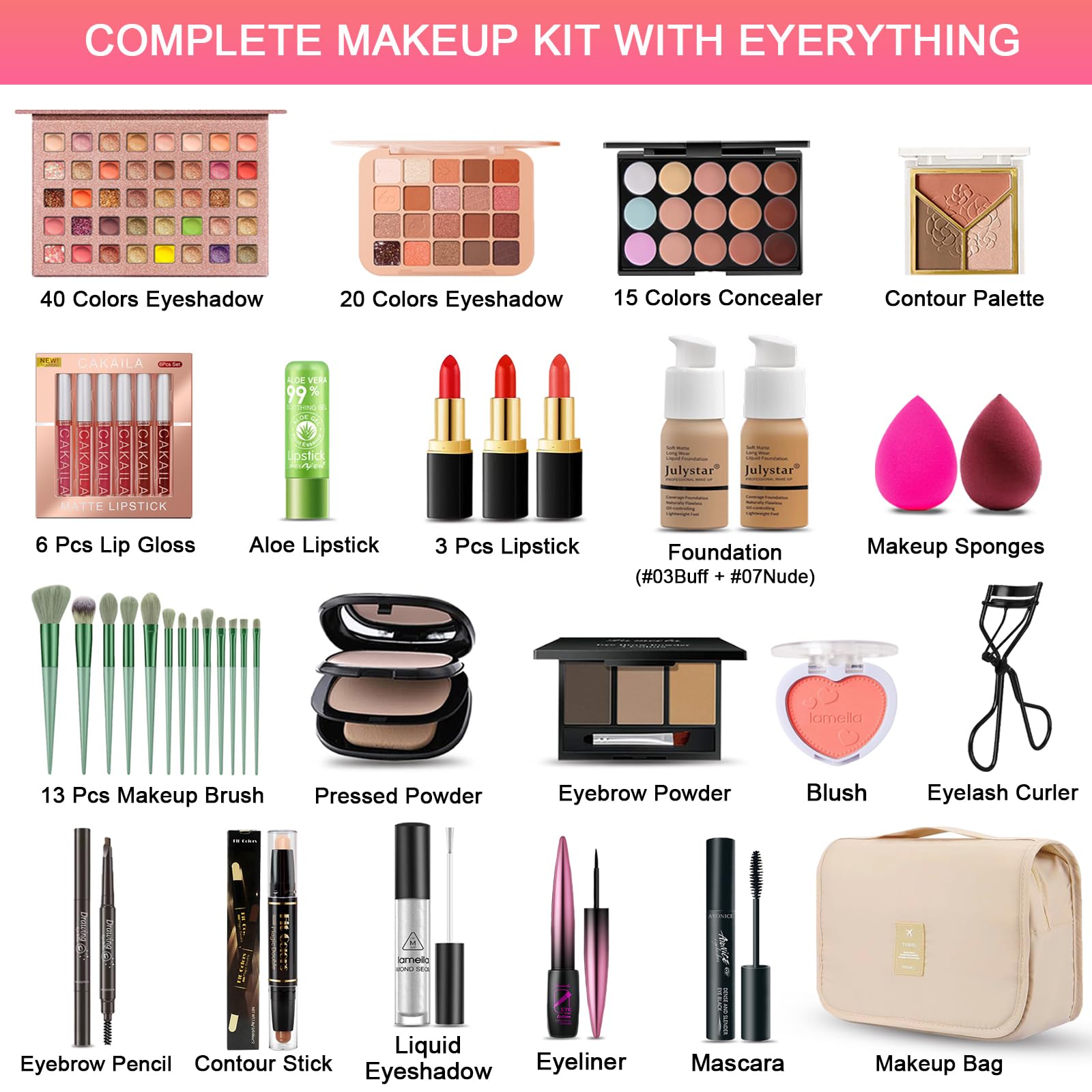 SHELAKIN All-in-One Makeup Kit for Women – Complete 40-Color Eyeshadow, Concealer, Foundations, Lip & More | Travel-Ready
