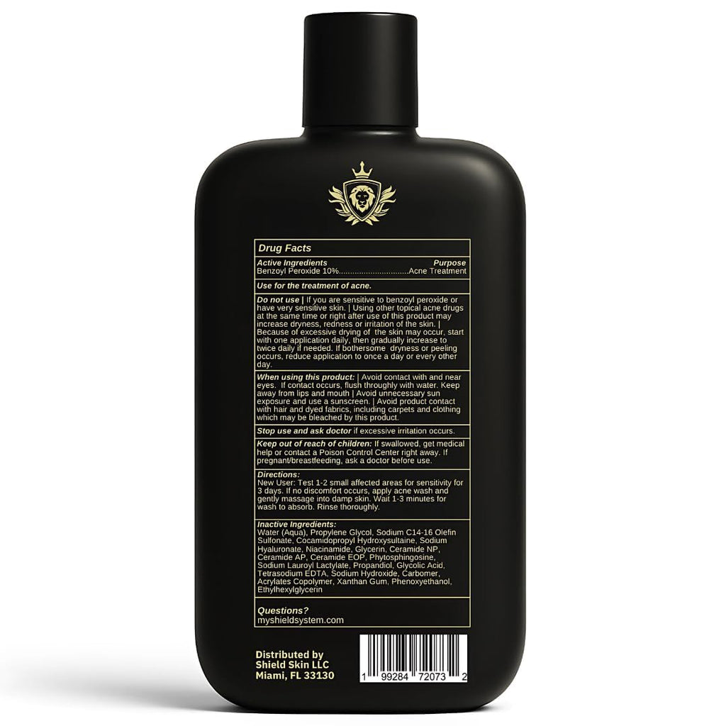 Shield Body Acne Wash for Back, Chest & Shoulders – 10% Benzoyl Peroxide, Unscented, 8.5 oz