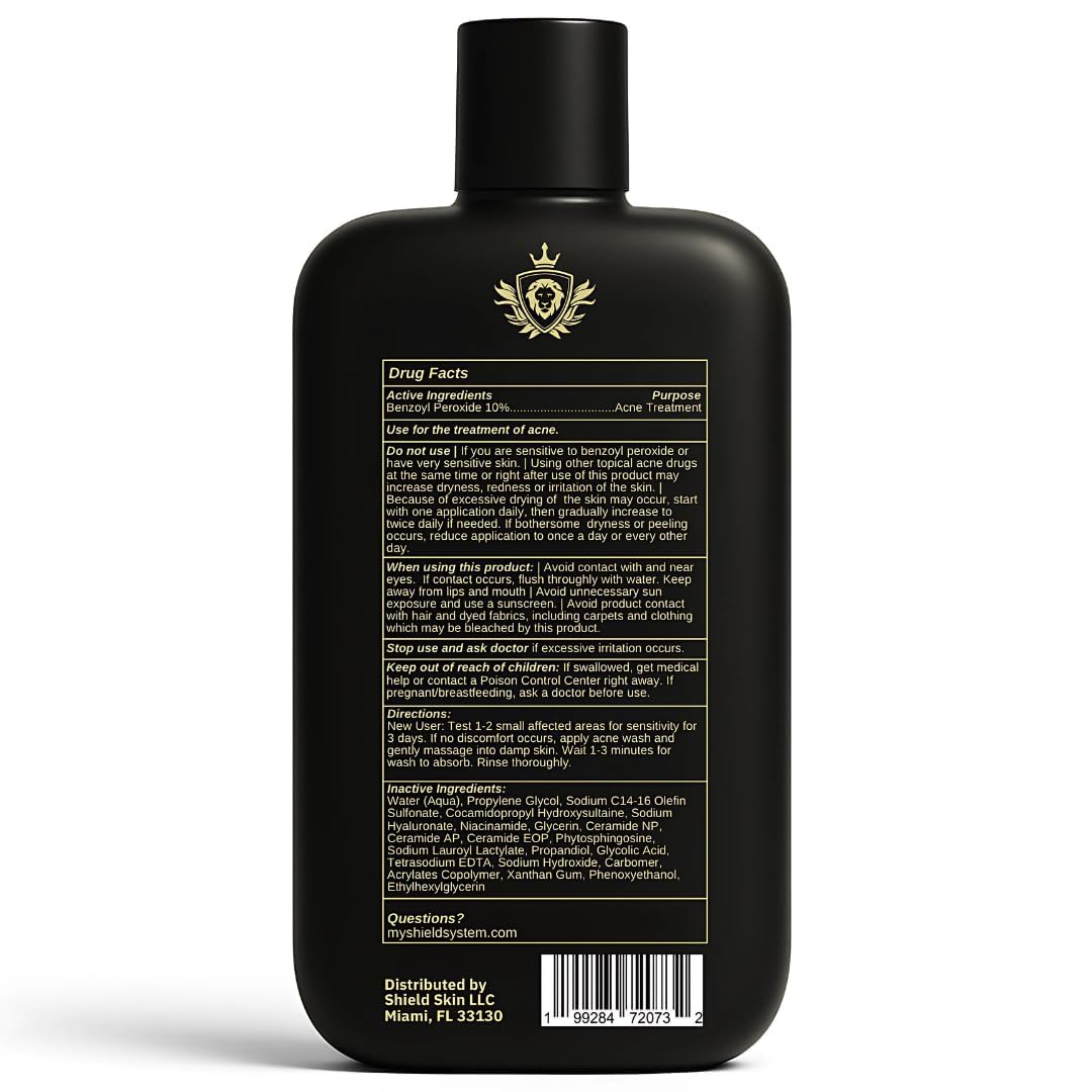 Shield Body Acne Wash for Back, Chest & Shoulders – 10% Benzoyl Peroxide, Unscented, 8.5 oz