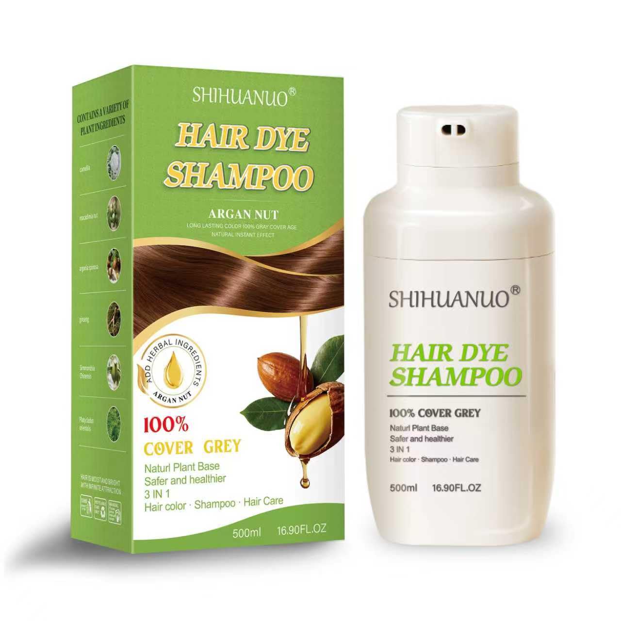 SHIHUANUO Hair Dye Shampoo 3-in-1 – Dark Brown, Ammonia-Free, 500ml
