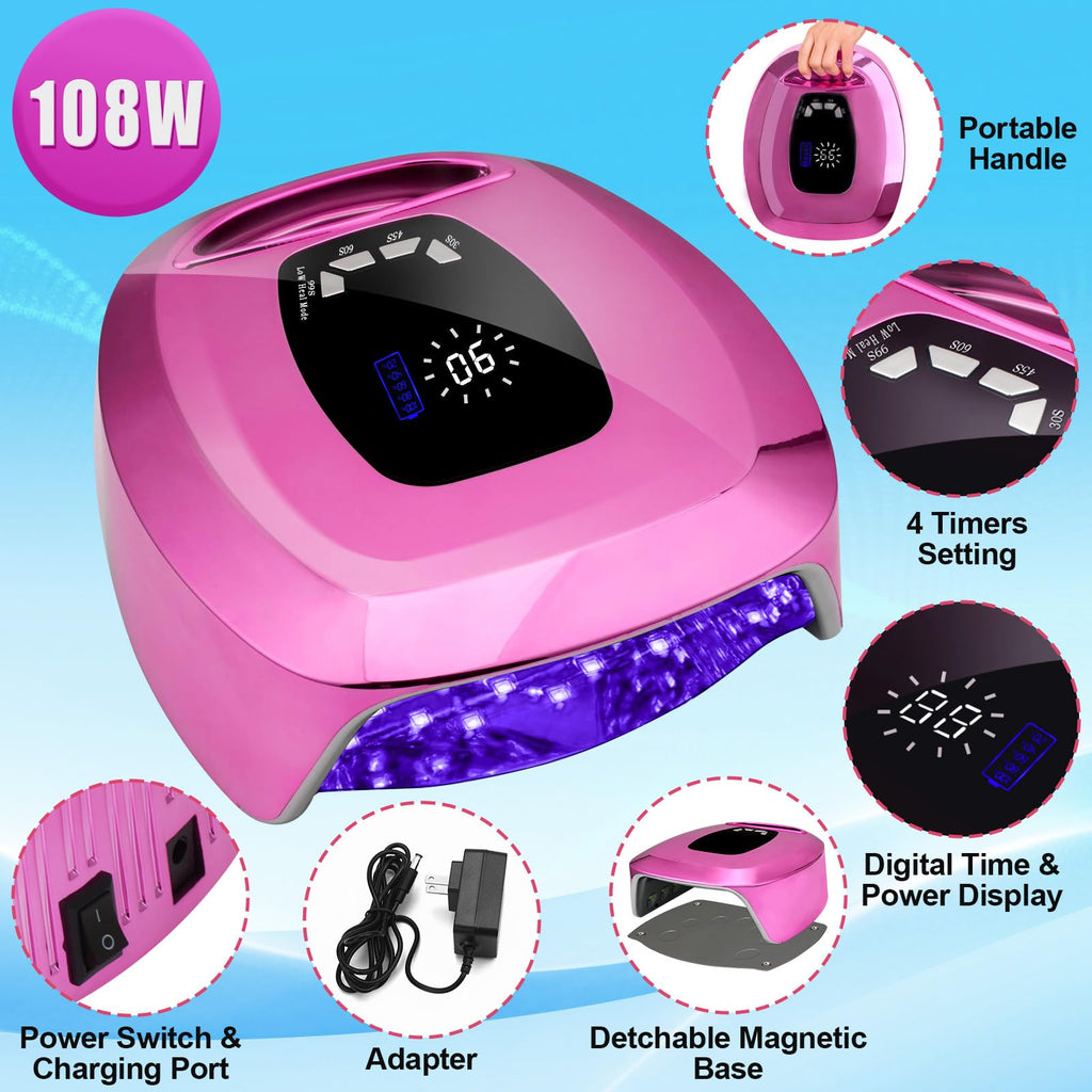 ShineCai UV LED Nail Lamp Dryer 108W – Cordless, Fast Gel Curing, 4 Timer