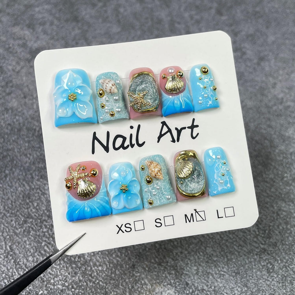 Short Duck Press-On Nails | 3D Floral Gold Starfish & Shell Design with Blue French Tip