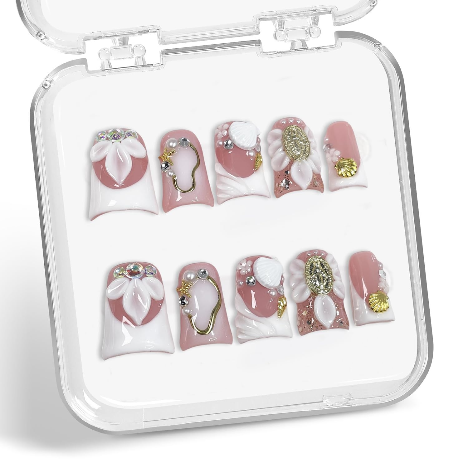 Luxury Press On Nails Short Duck – Handmade 3D Shell & Flower, White French Tip