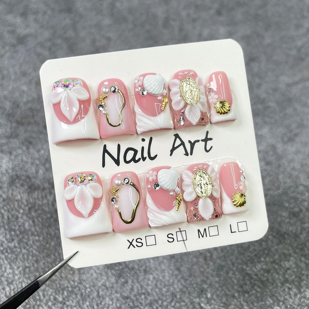 Luxury Press On Nails Short Duck – Handmade 3D Shell & Flower, White French Tip