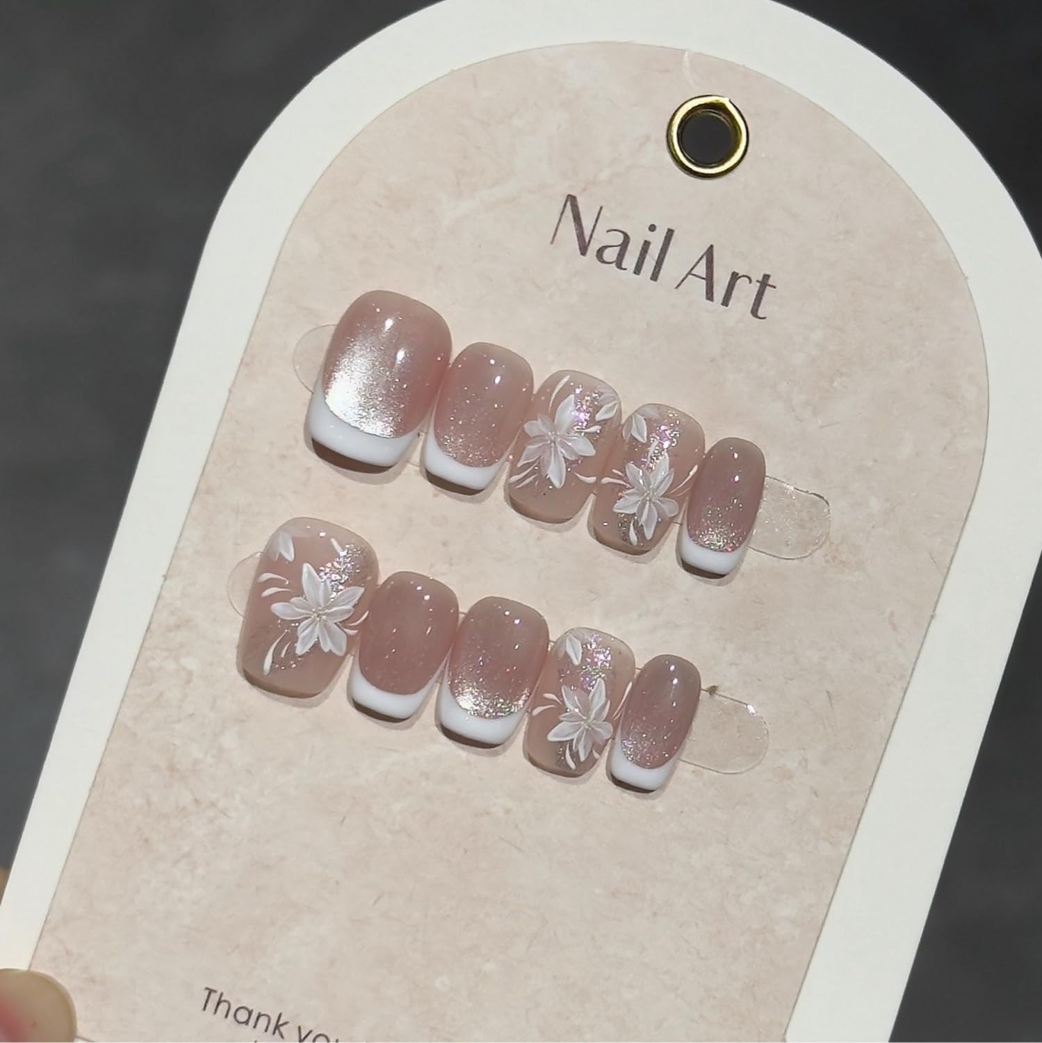Handmade White French Press-On Nails with Flower Designs – Short Square Stick-On Nails (Size S)