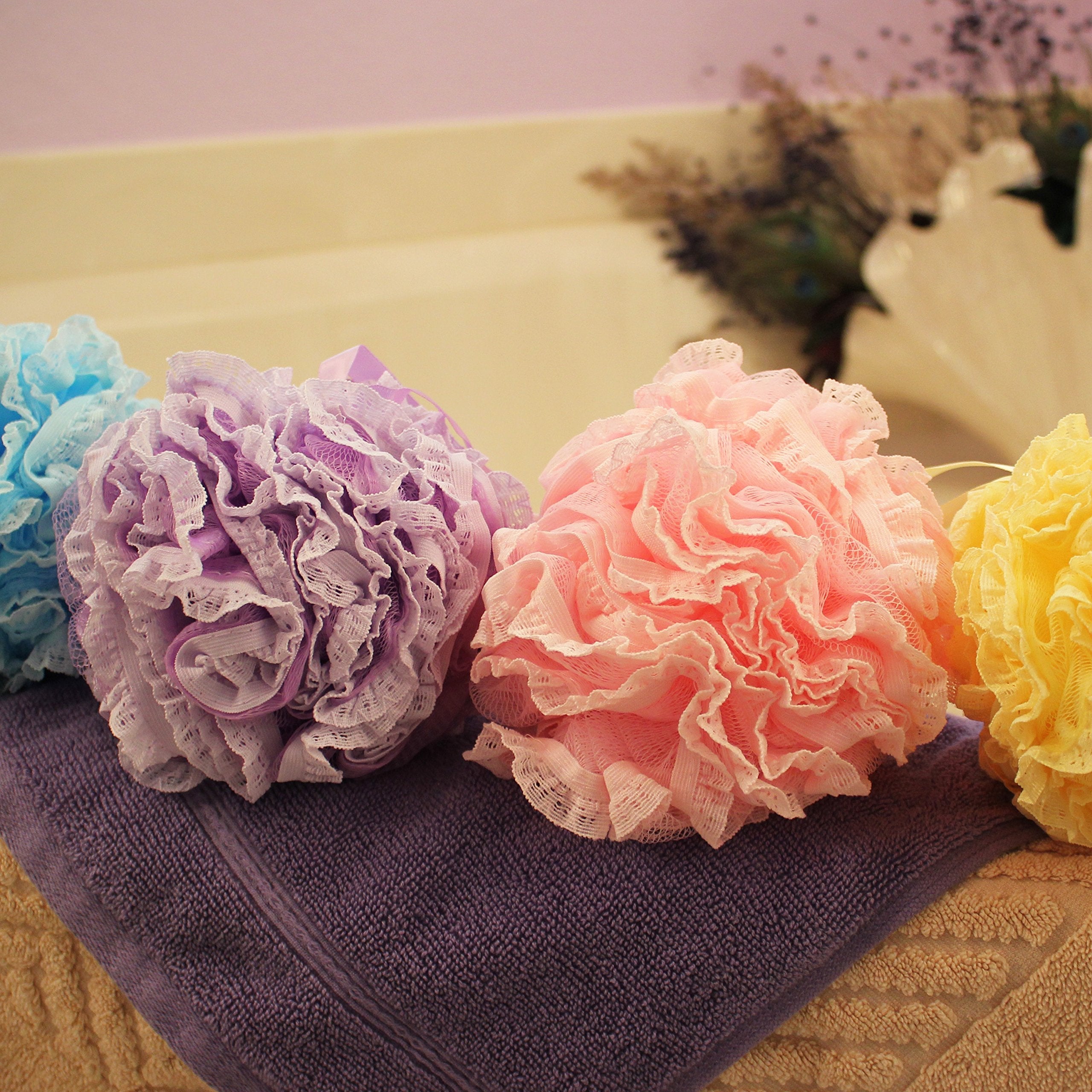 Shower Bouquet Lace-Mesh Loofah Set – 4-Pack 60g Poufs, Dual-Scrub Exfoliators