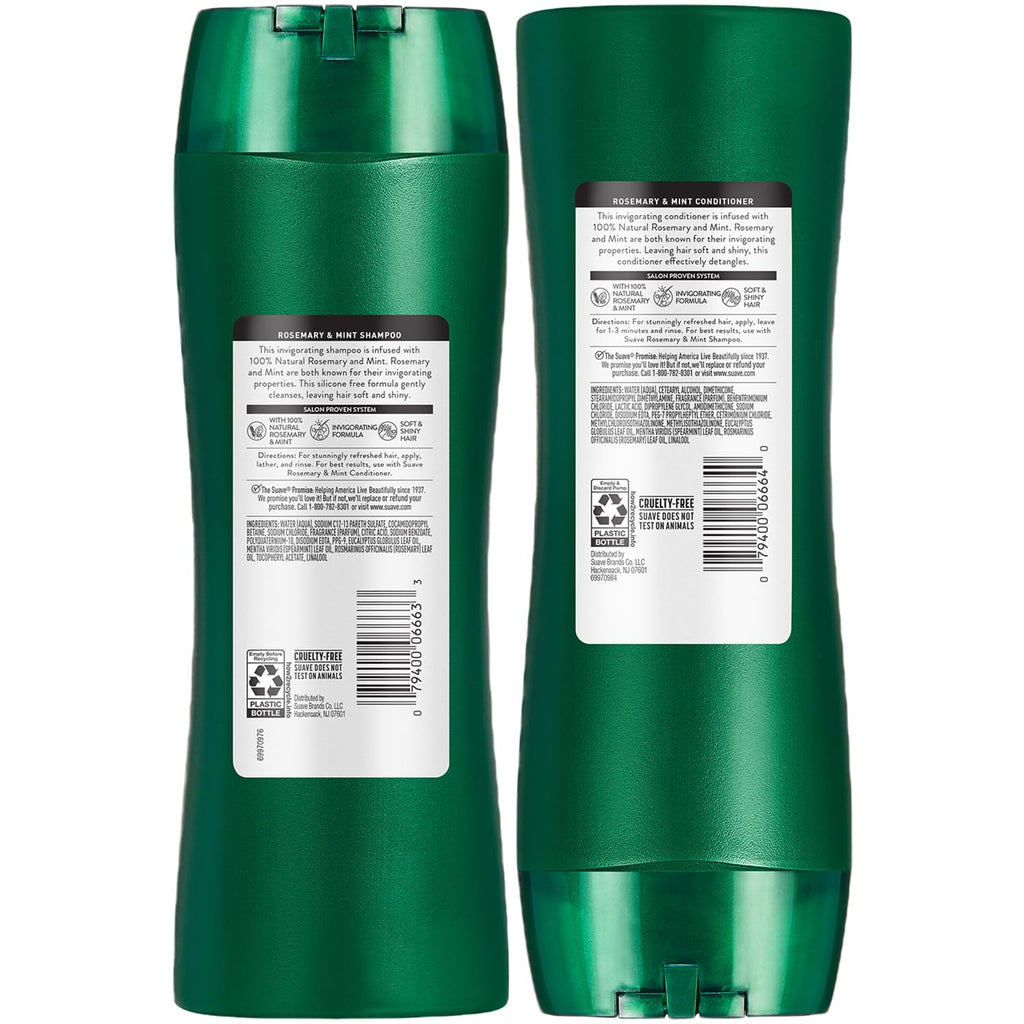 Suave Shampoo and Conditioner, Rosemary & Mint – Invigorating Formula with 100% Natural Essential Oils, 12.6 Oz Ea