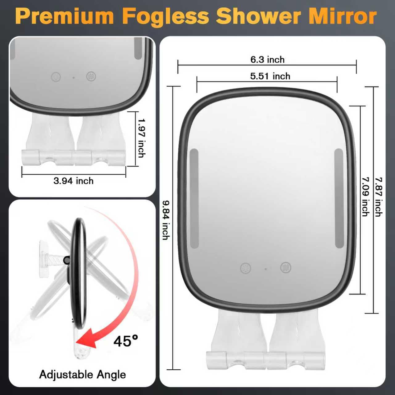 Showvigor Anti-Fog Shower Mirror for Shaving – Rechargeable LED Fogless Mirror with Heated Panel (Black)