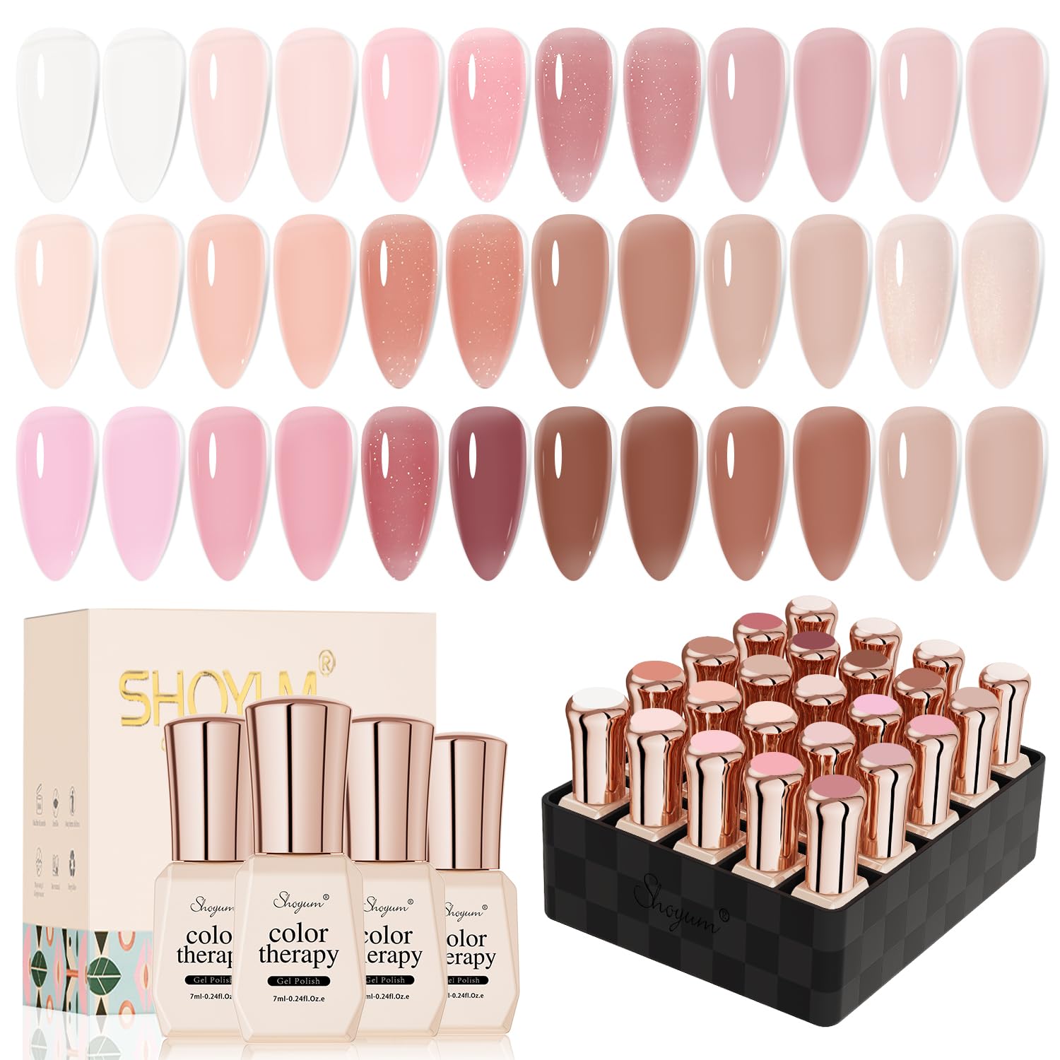 SHOYUM 24 Pcs Jelly Nude Gel Nail Polish Set – Sheer Pink Kit with Glossy & Matte Top Coats