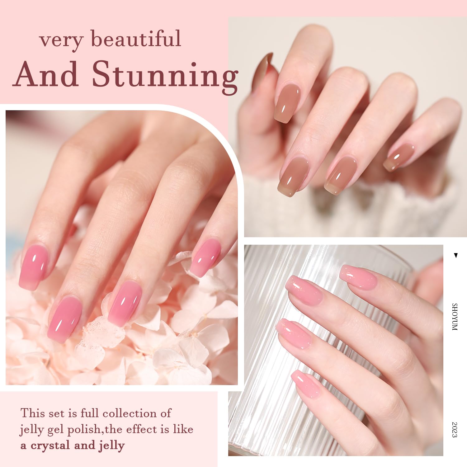 SHOYUM 24 Pcs Jelly Nude Gel Nail Polish Set – Sheer Pink Kit with Glossy & Matte Top Coats