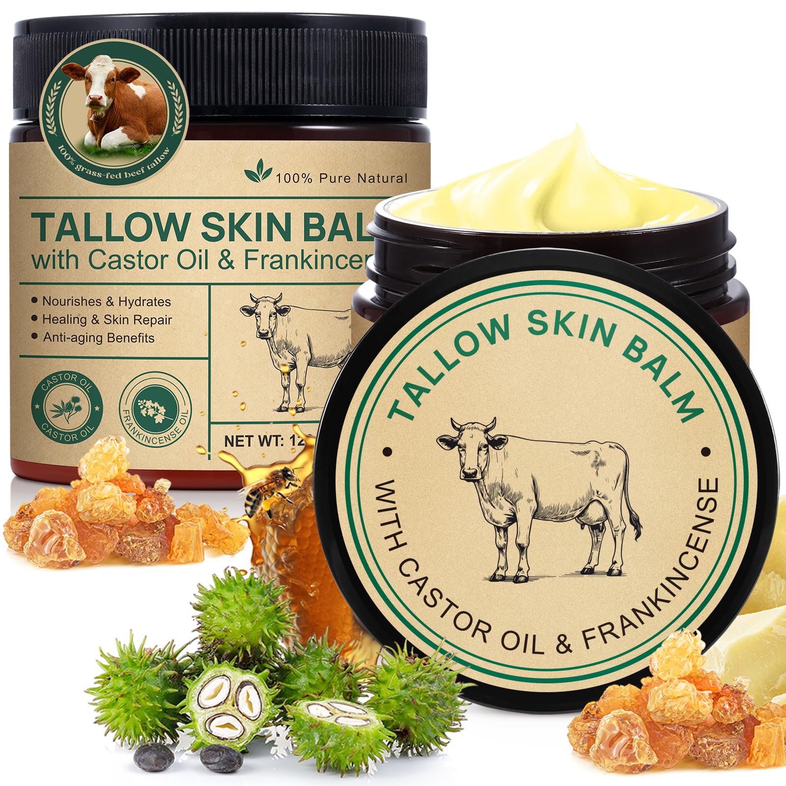 Shuangjia 2-Pack Beef Tallow Balm with Frankincense & Castor Oil – Grass-Fed Skin Moisturizer