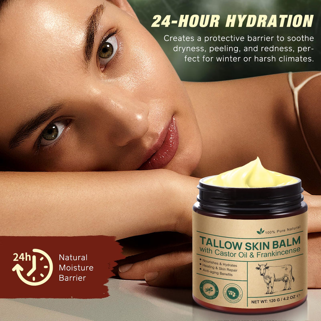 Shuangjia 2-Pack Beef Tallow Balm with Frankincense & Castor Oil – Grass-Fed Skin Moisturizer