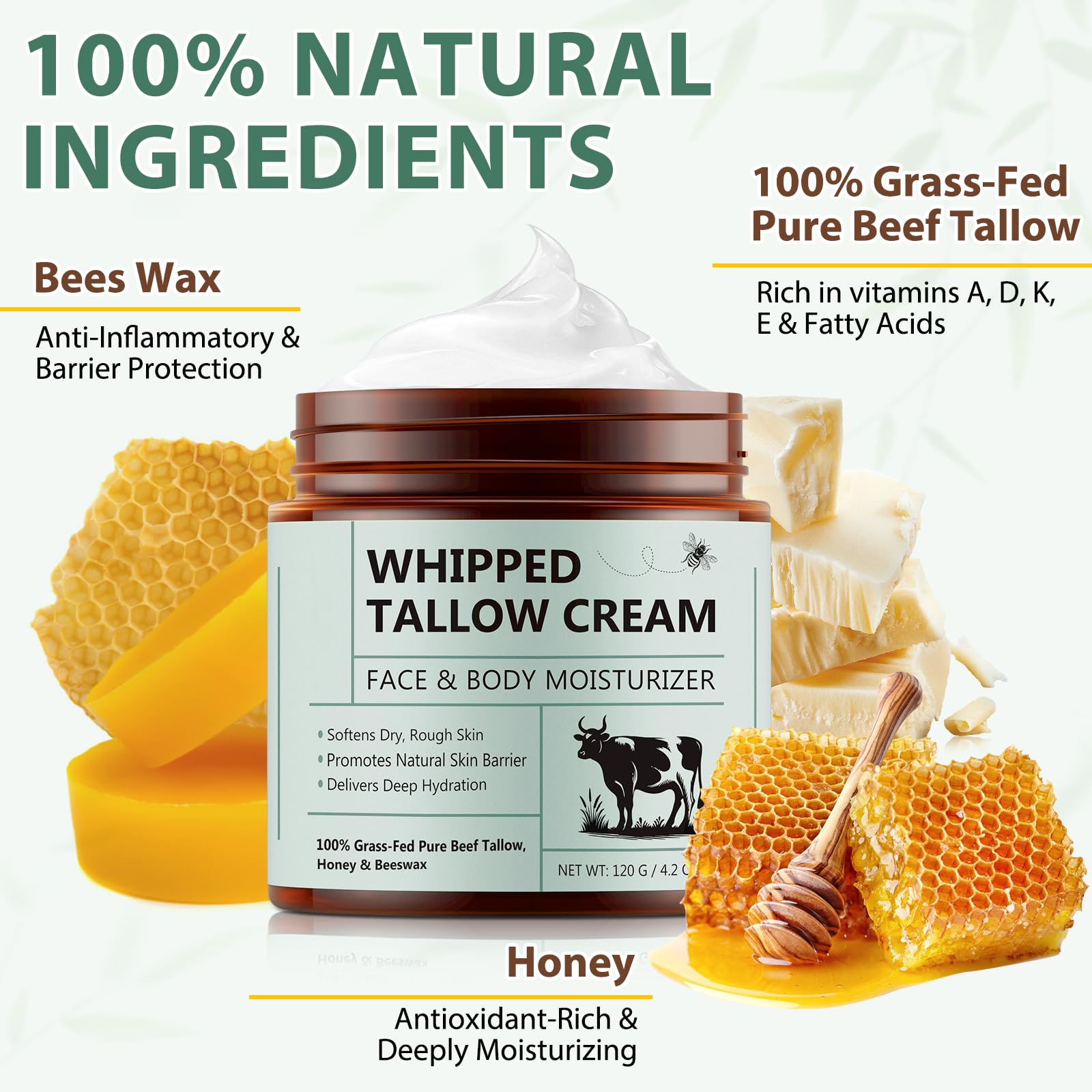 Shuangjia Beef Tallow Whipped Cream – Organic Face Moisturizer, 100% Grass-Fed Tallow, Honey & Beeswax