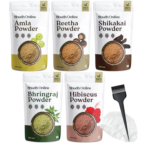 Shudh Online Herbal Hair Mask Powder Combo – Ayurvedic Hair Growth Pack (500g) with Bhringraj, Hibiscus, Shikakai, Reetha, Amla Shampoo (3.5 oz each)