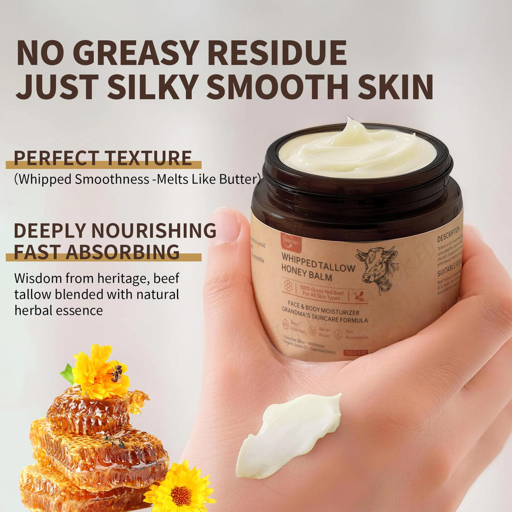 SIBITBIT Beef Tallow Honey Balm – 100% Organic Grass-Fed Whipped Moisturizer for Sensitive, Dry Skin (2oz)