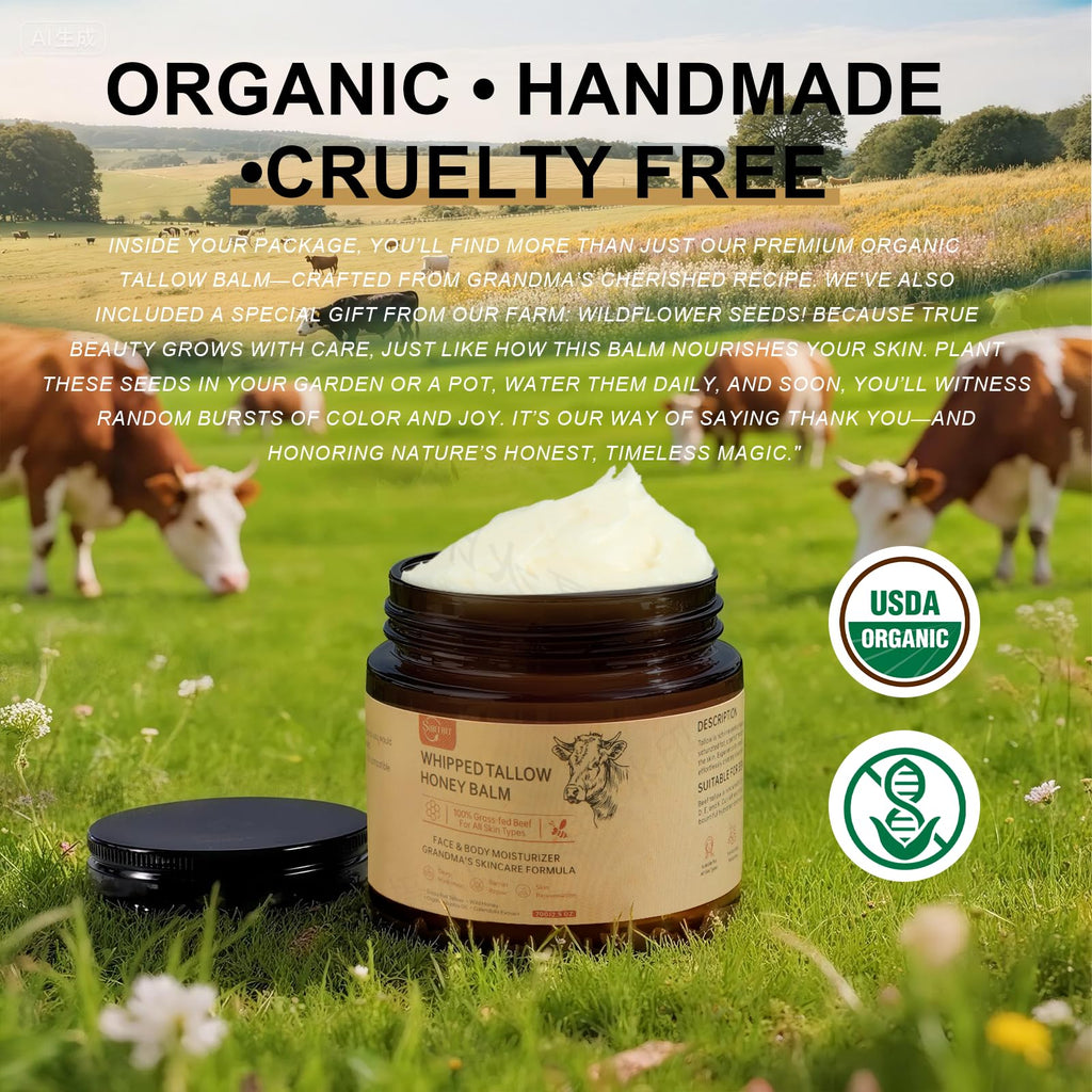 SIBITBIT Beef Tallow Honey Balm – 100% Organic Grass-Fed Whipped Moisturizer for Sensitive, Dry Skin (2oz)