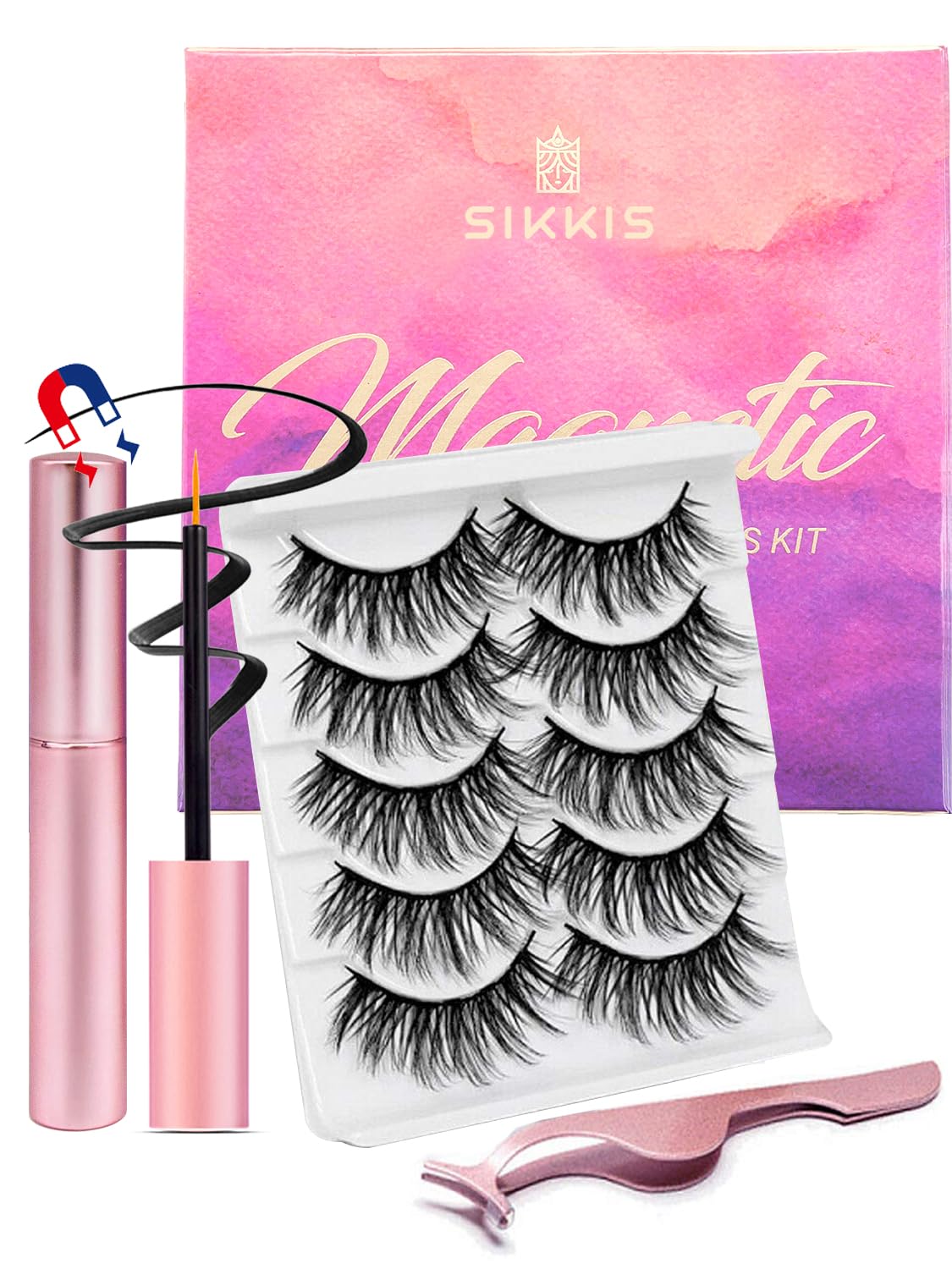 Sikkis Magnetic Eyelashes with Eyeliner – Mink Look Kit (5 Pairs), No Glue Needed