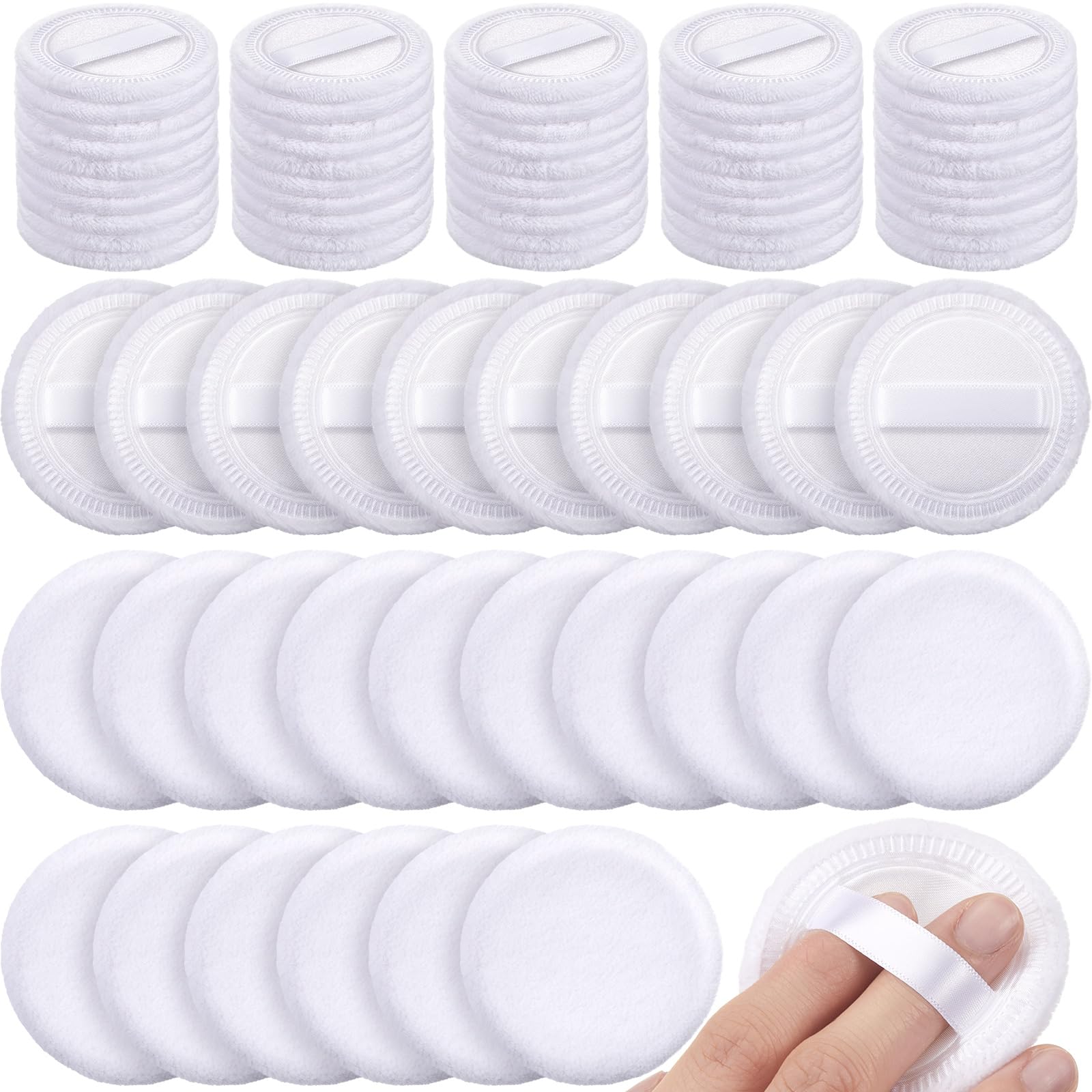SiliFine 100 Pcs Cotton Powder Puffs – Washable 2.36 Inch White Round Puffs with Ribbon