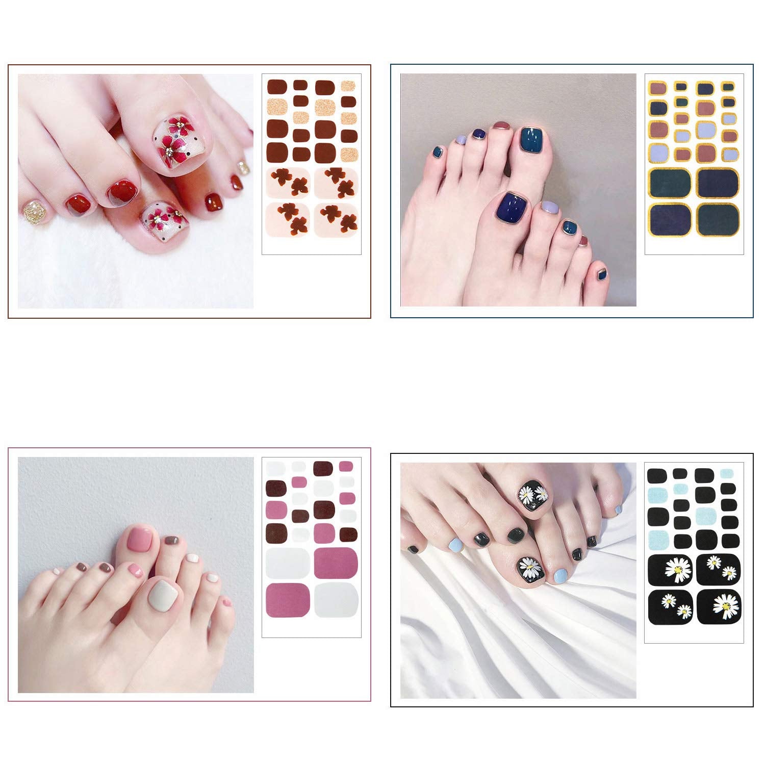SILPECWEE 20 Sheets Adhesive Toe Nail Wraps – Flower Marbling, Strawberry & Solid Colors + Nail File