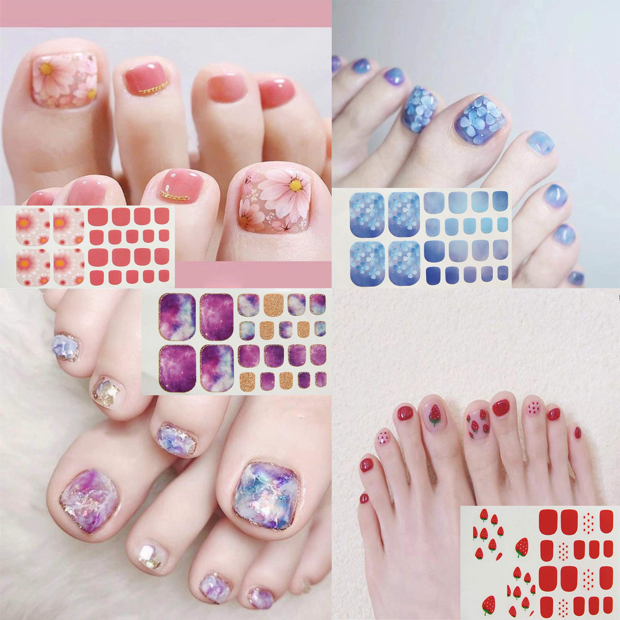 SILPECWEE 20 Sheets Adhesive Toe Nail Wraps – Flower Marbling, Strawberry & Solid Colors + Nail File