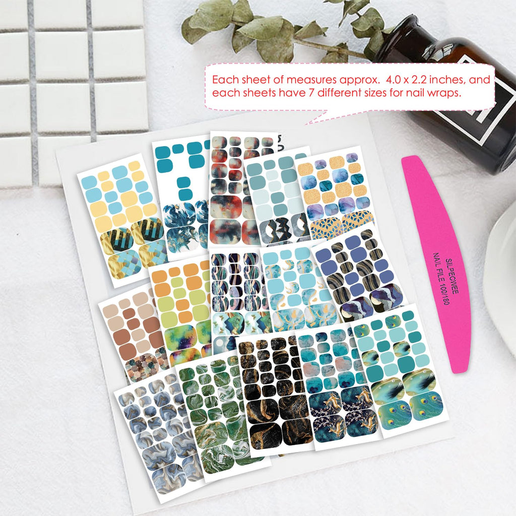 SILPECWEE Toe Nail Stickers – Marble Design Nail Wraps, 20 Sheets + File