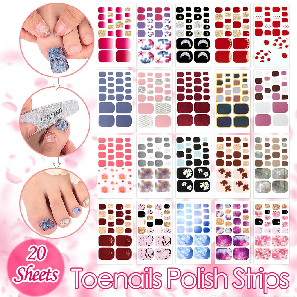 SILPECWEE 20 Sheets Adhesive Toe Nail Wraps – Flower Marbling, Strawberry & Solid Colors + Nail File