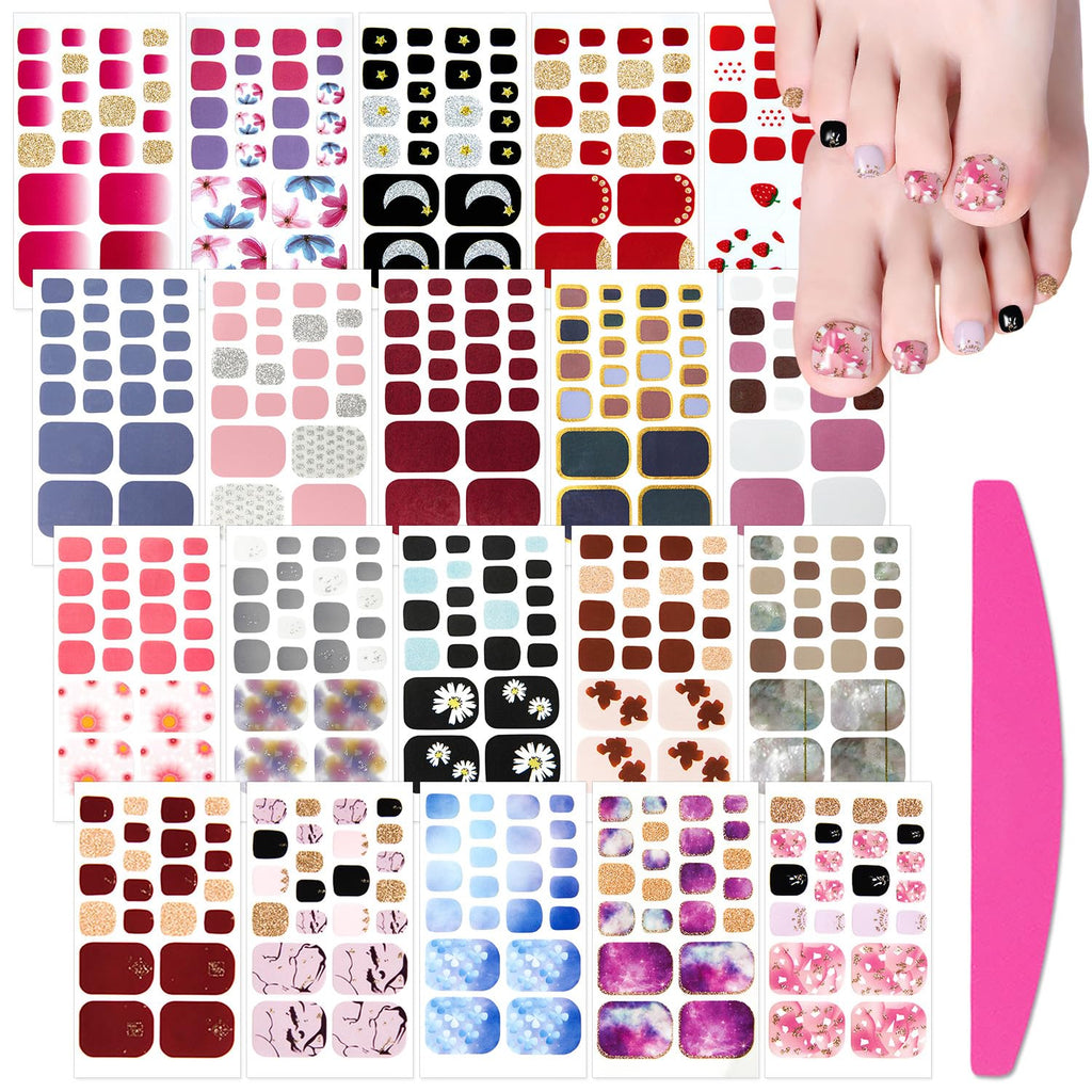 SILPECWEE 20 Sheets Adhesive Toe Nail Wraps – Flower Marbling, Strawberry & Solid Colors + Nail File