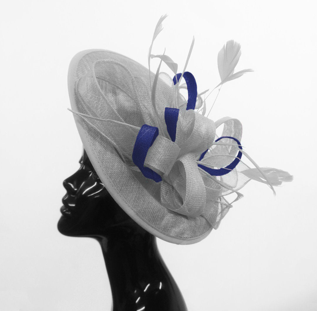 Caprilite Big Saucer Sinamay Silver Grey & Navy Mixed Colour Fascinator On Headband