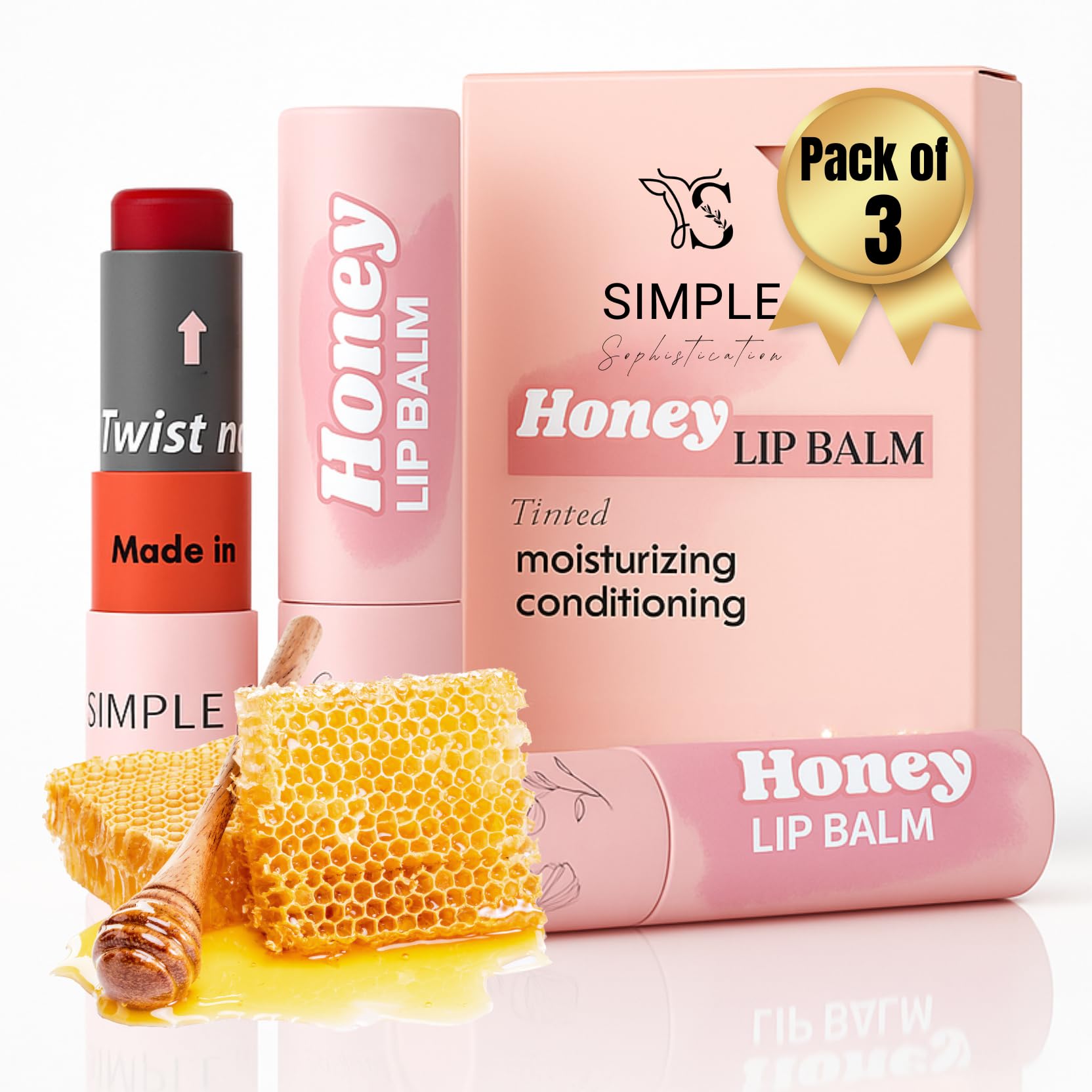 Natural Honey Lip Balm – 3 Pack (3x0.15 oz) Tinted | Simple Sophistication