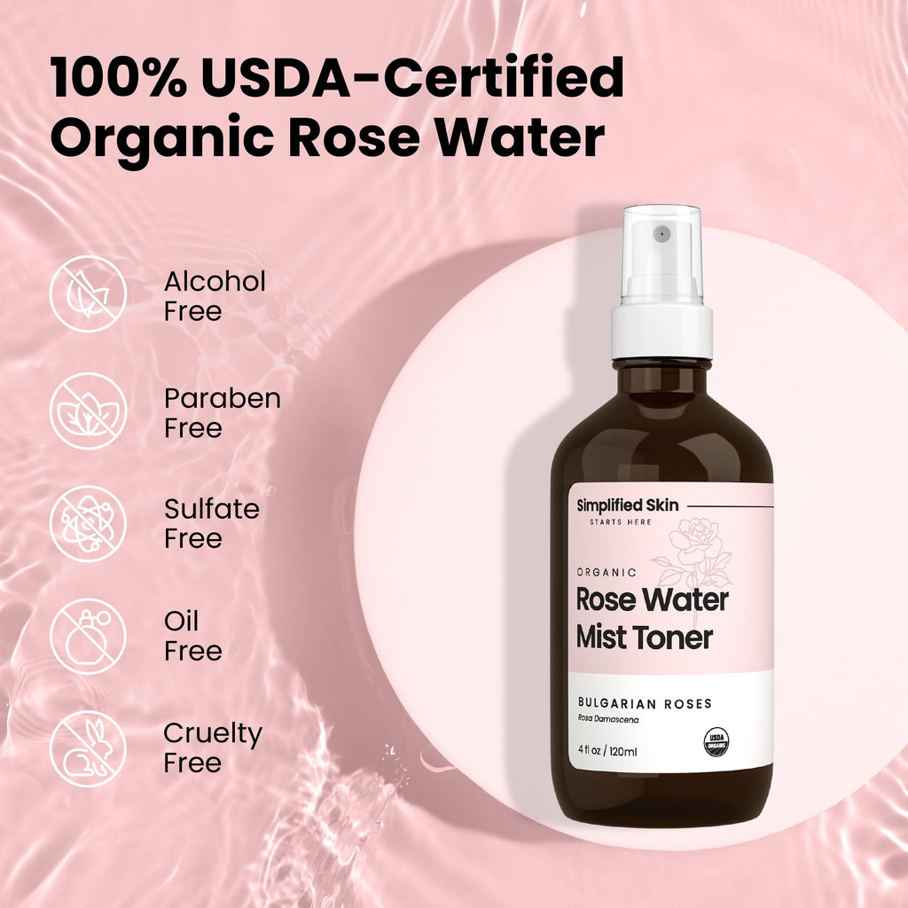 Rose Water Spray for Face & Hair – USDA Organic Rosewater Toner – Simplified Skin, 4 Oz (2 Pack)