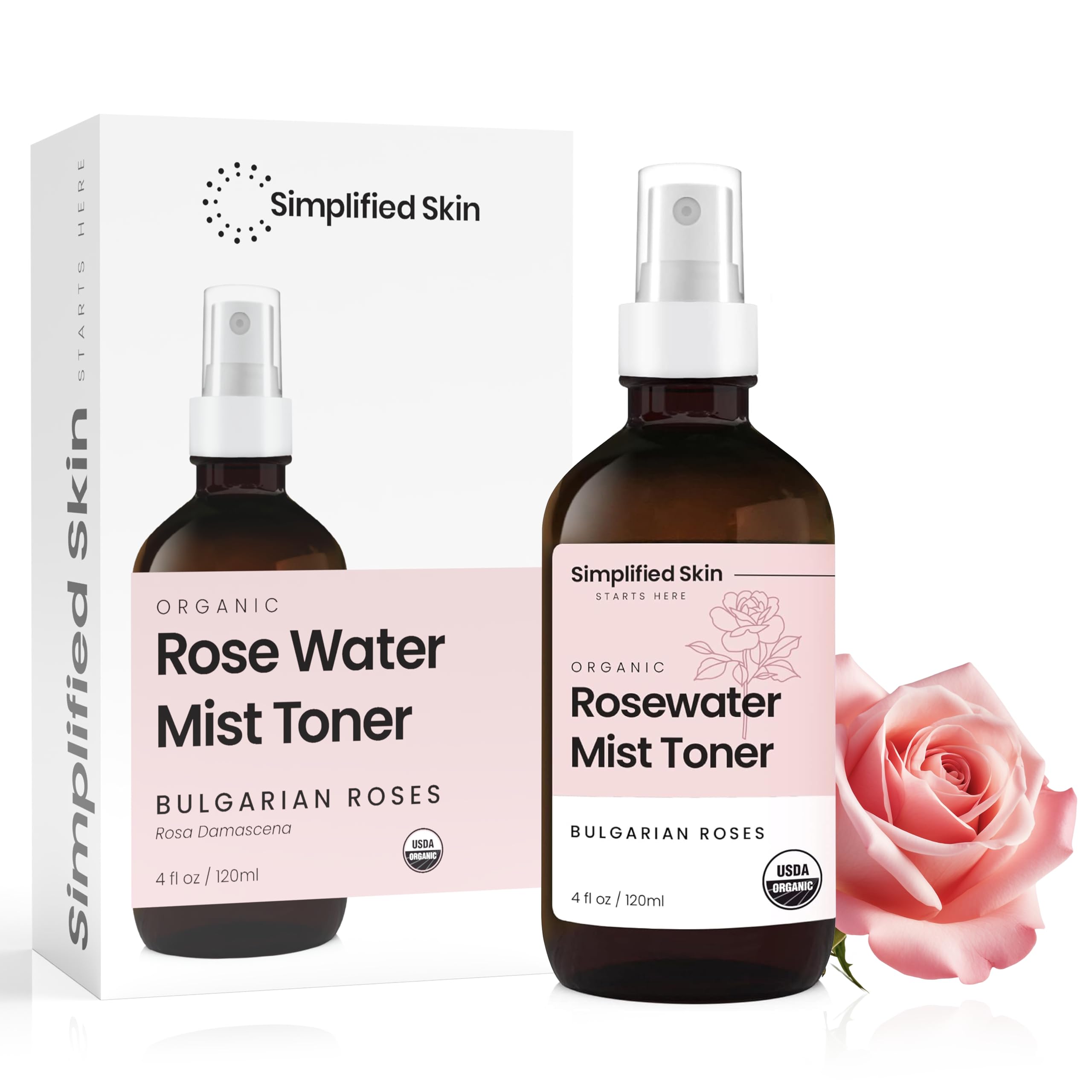Rose Water Spray for Face & Hair – USDA Organic Rosewater Toner – Simplified Skin, 4 Oz (2 Pack)